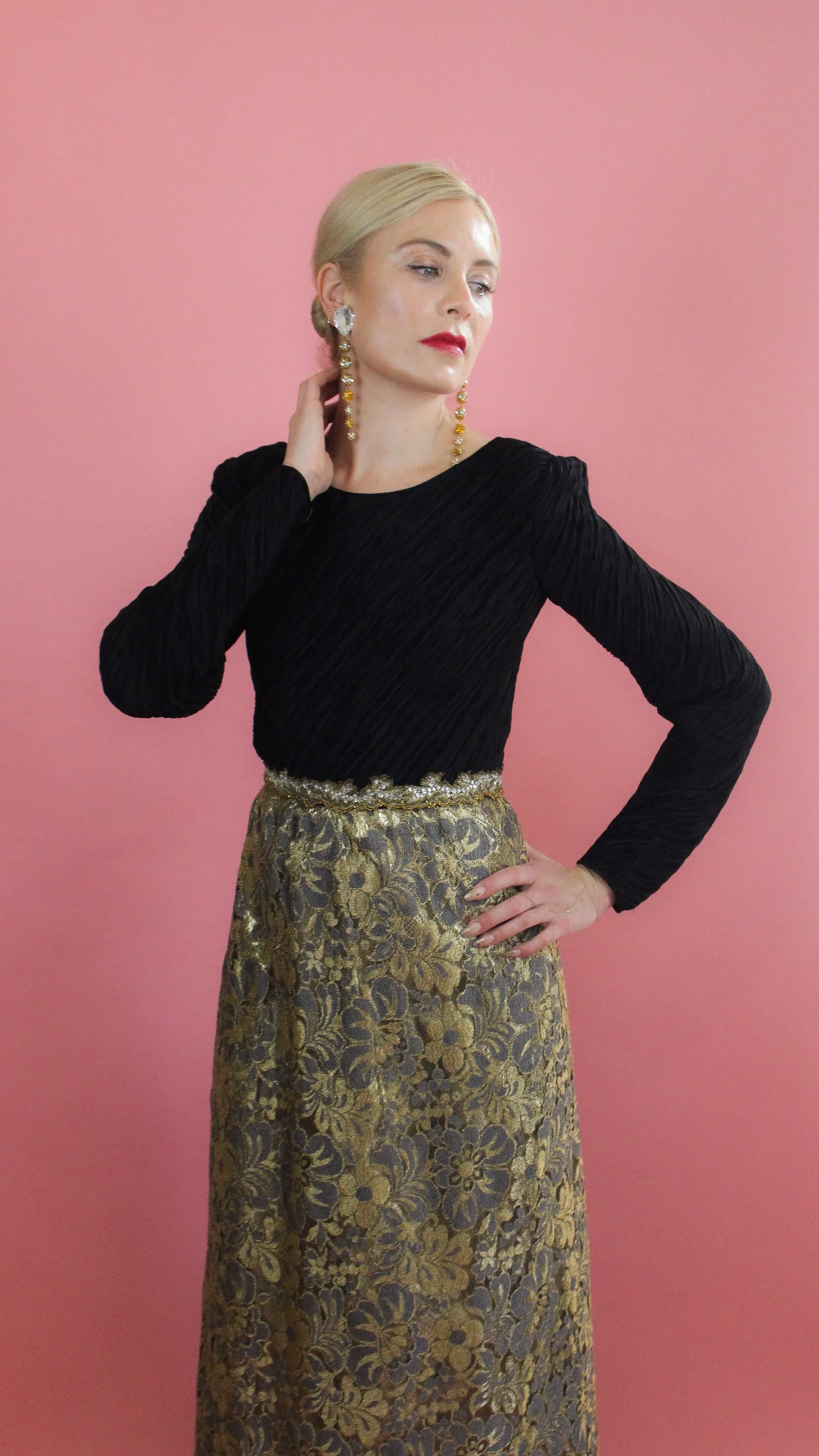 Mary McFadden Gold Lace, Open Back, Fortune Pleated Dress