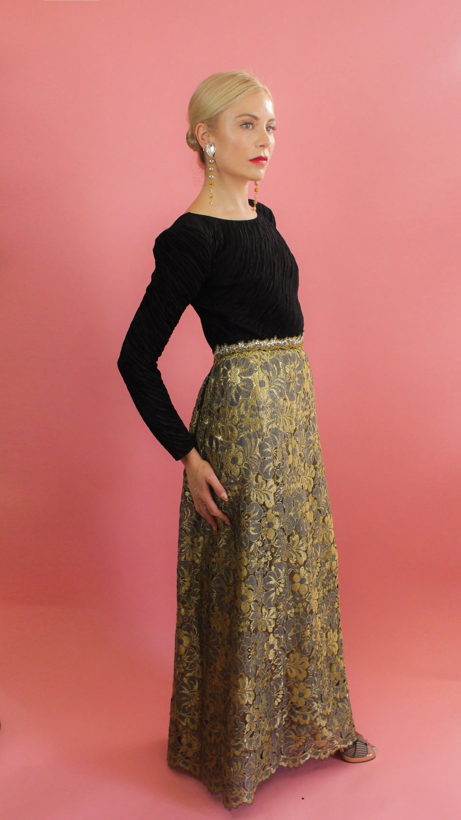 Mary McFadden Gold Lace, Open Back, Fortune Pleated Dress