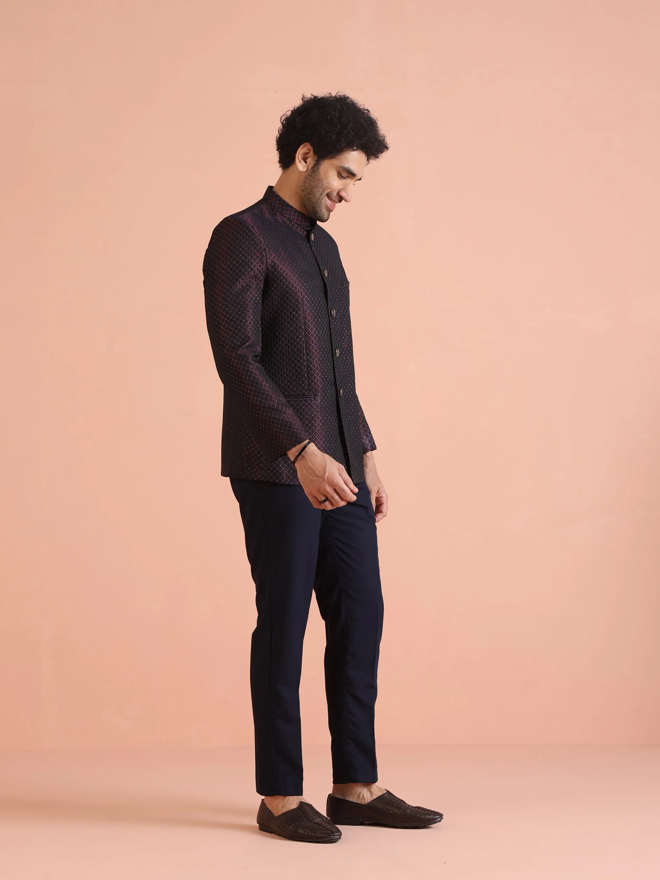 Men Magenta Textured Bandhgala Trouser Set