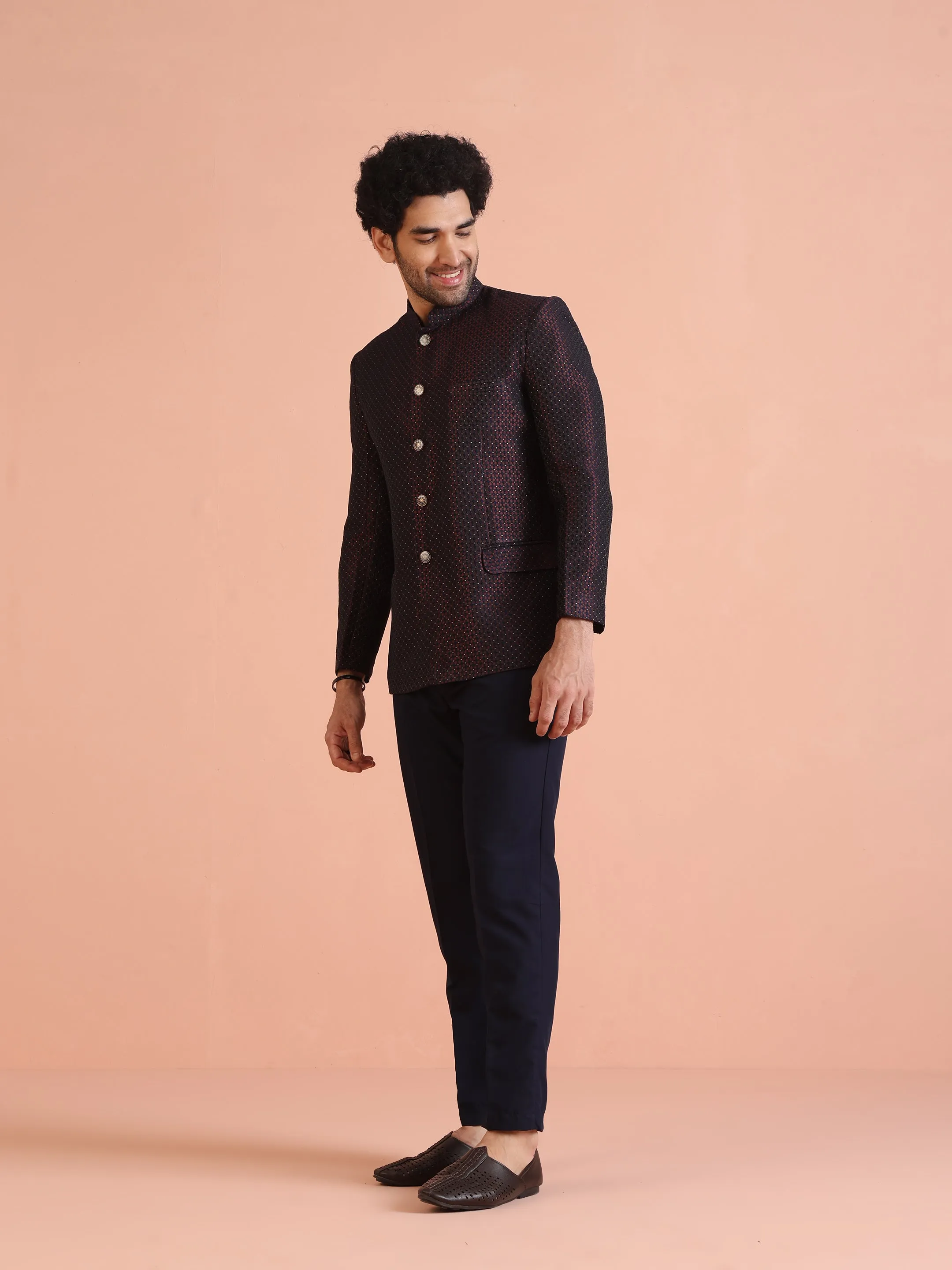 Men Magenta Textured Bandhgala Trouser Set