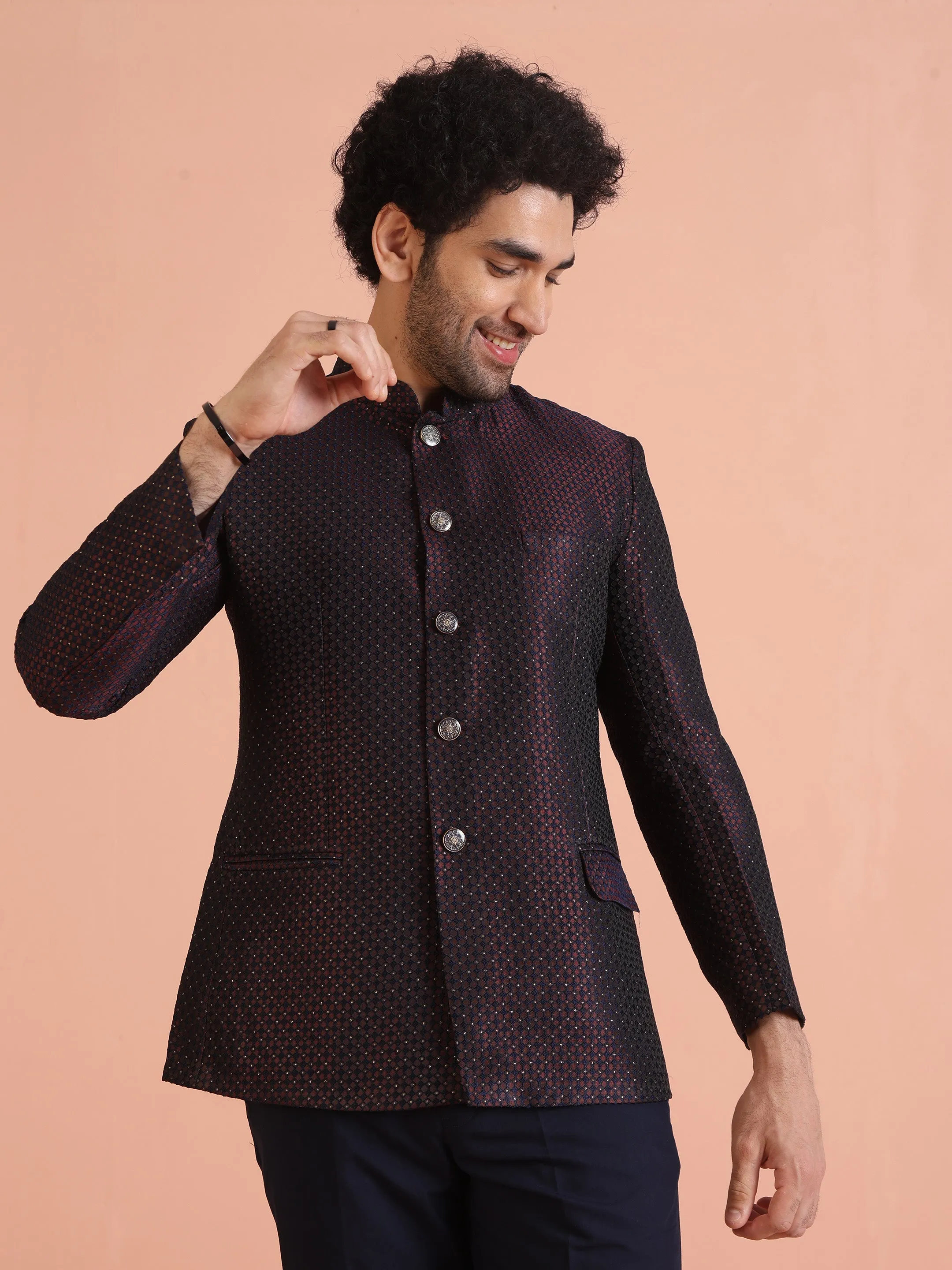 Men Magenta Textured Bandhgala Trouser Set