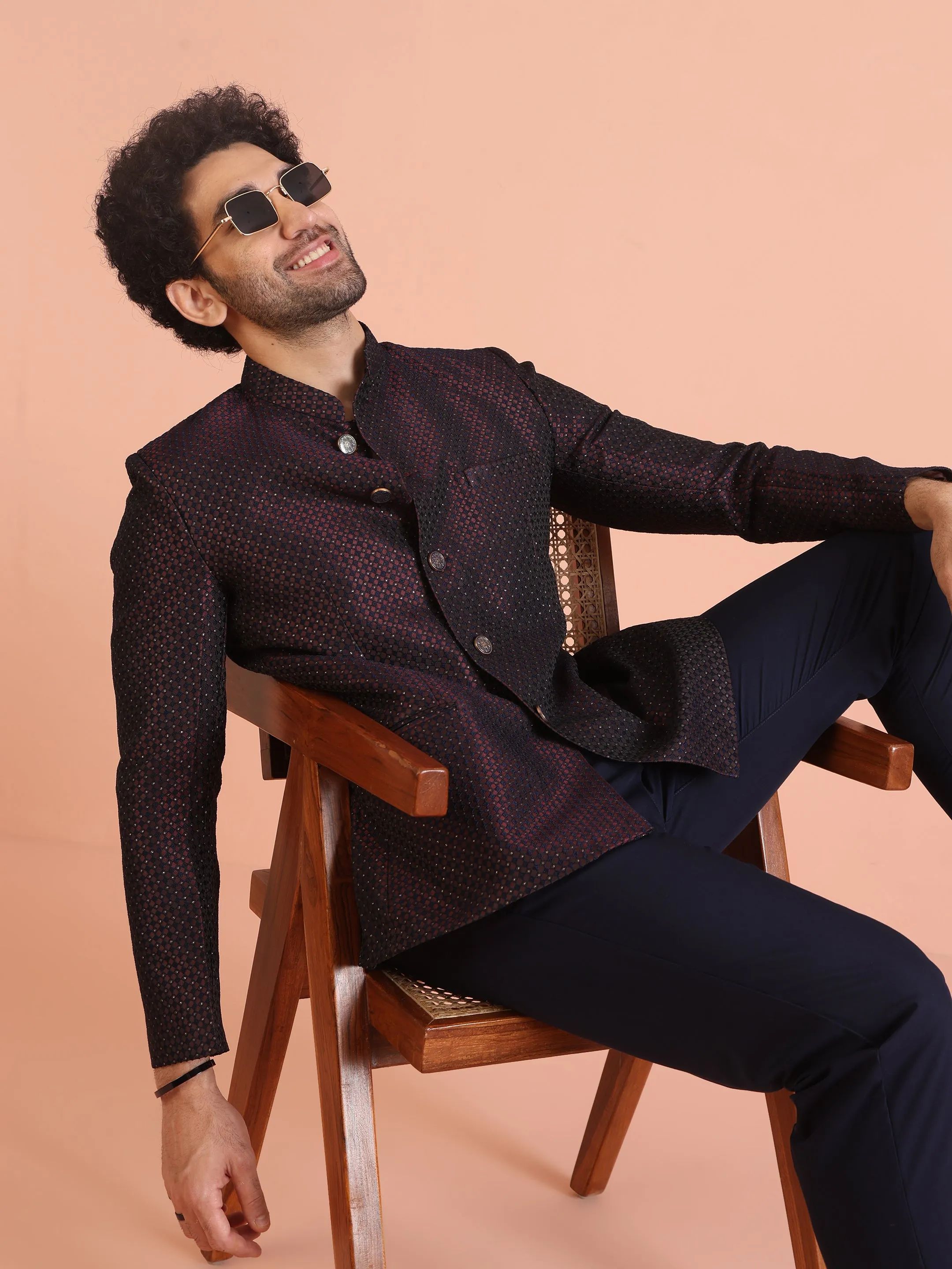 Men Magenta Textured Bandhgala Trouser Set