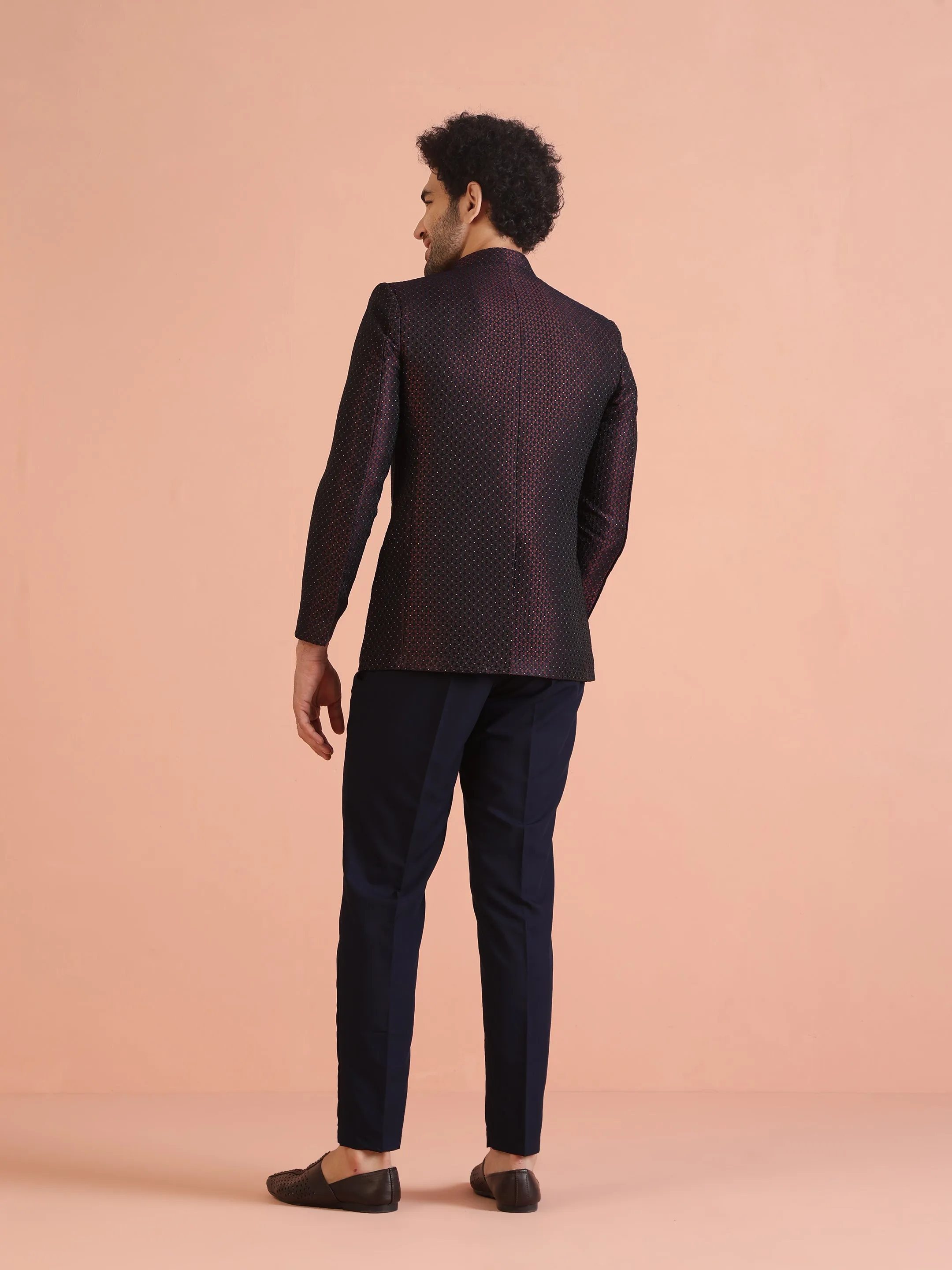 Men Magenta Textured Bandhgala Trouser Set
