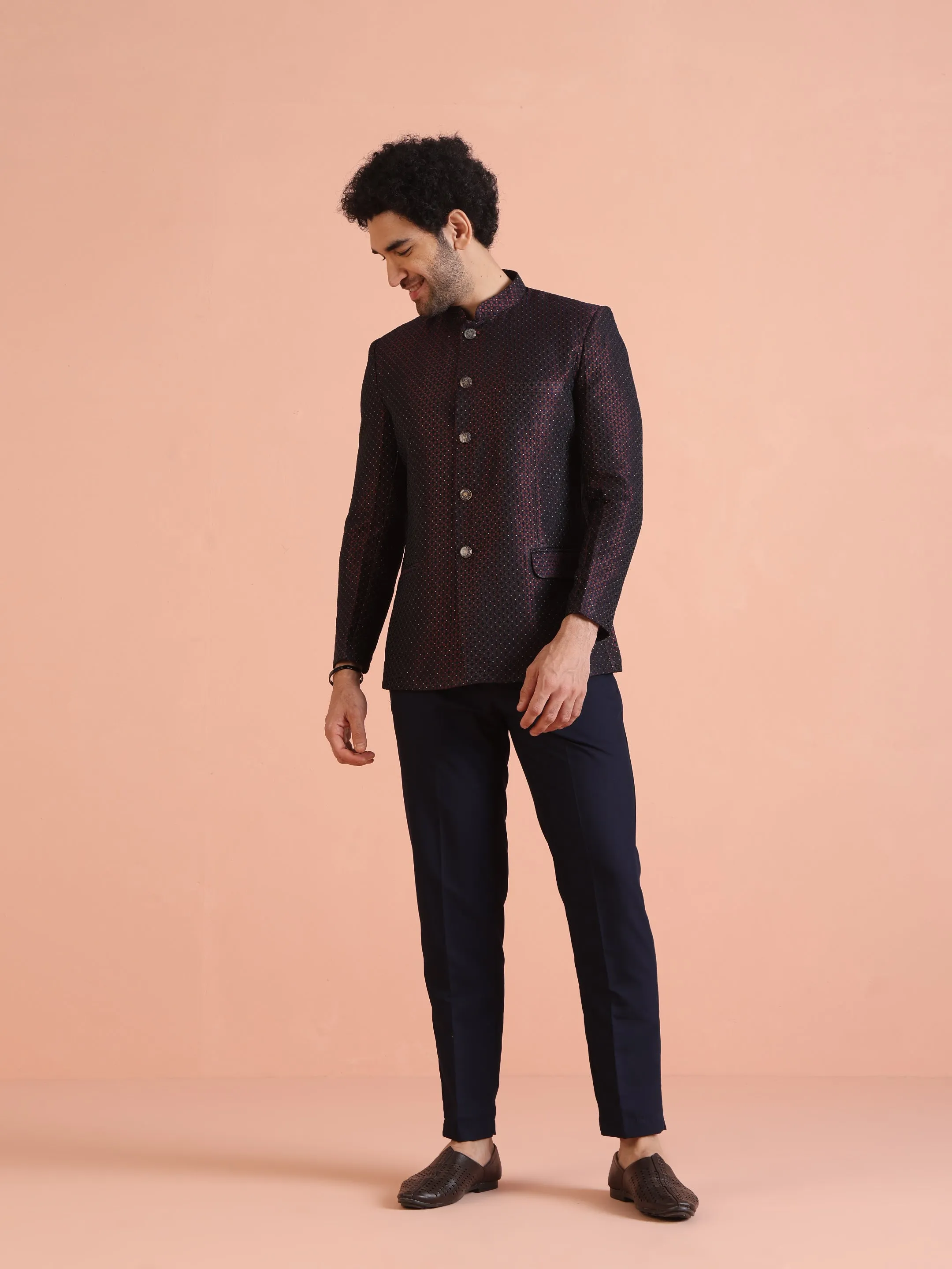 Men Magenta Textured Bandhgala Trouser Set