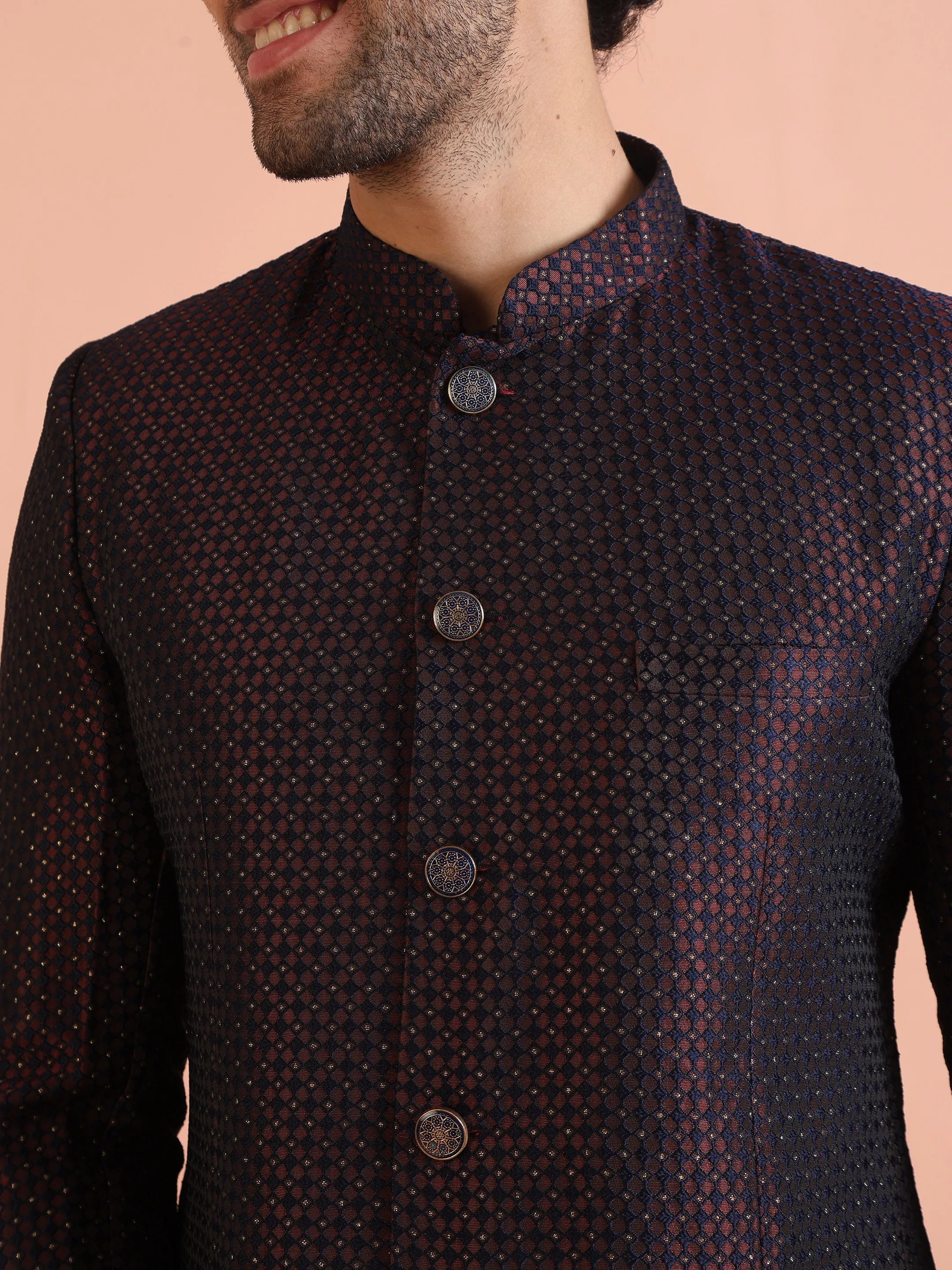 Men Magenta Textured Bandhgala Trouser Set