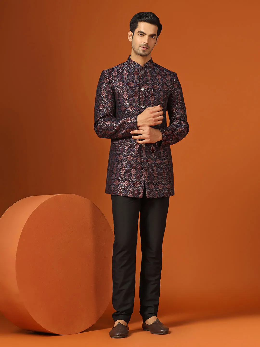 Men Multi Coloured Textured Bandhgala Trouser Set
