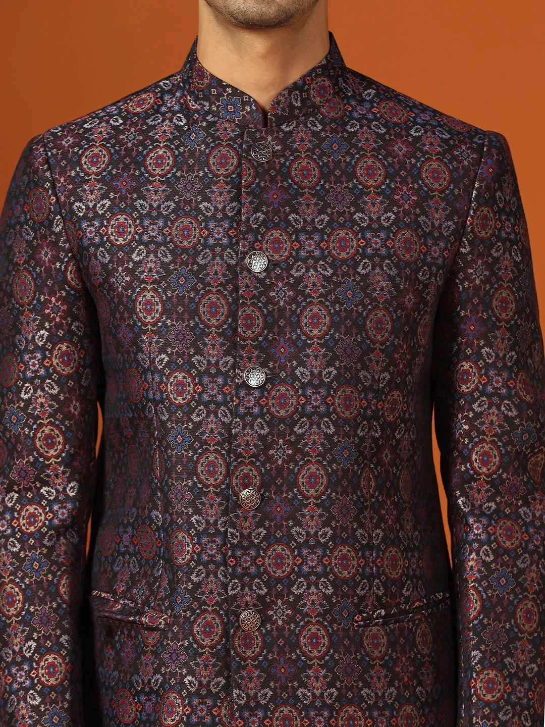 Men Multi Coloured Textured Bandhgala Trouser Set