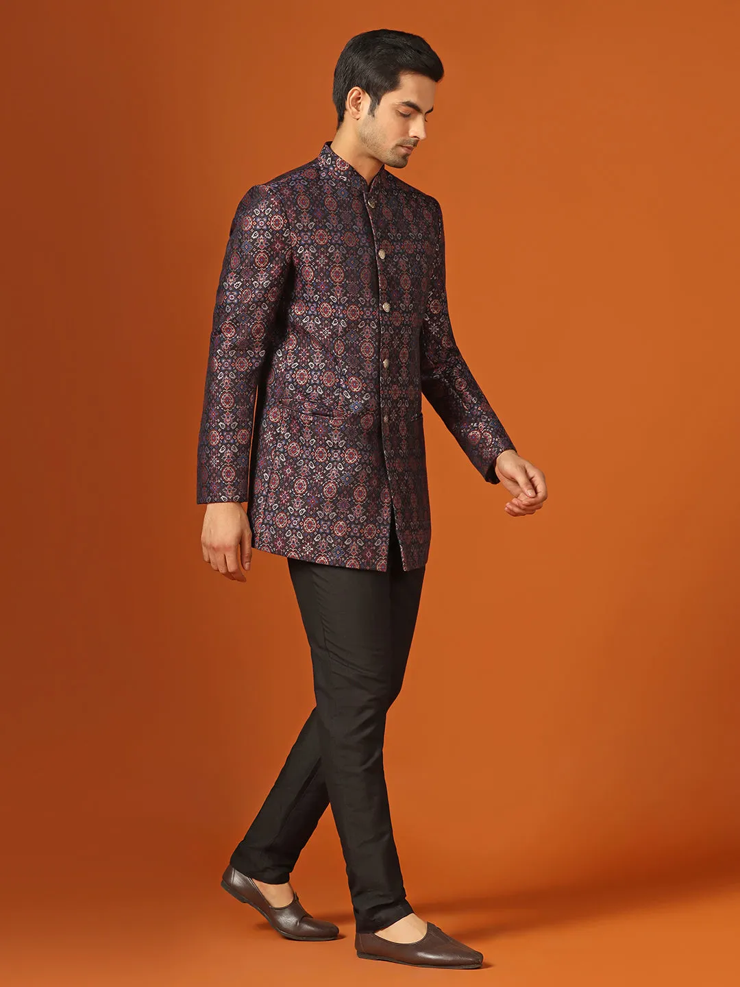 Men Multi Coloured Textured Bandhgala Trouser Set