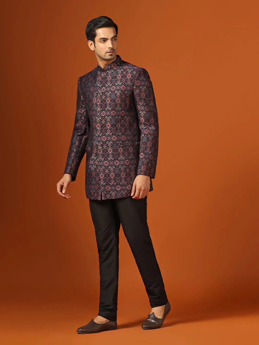 Men Multi Coloured Textured Bandhgala Trouser Set