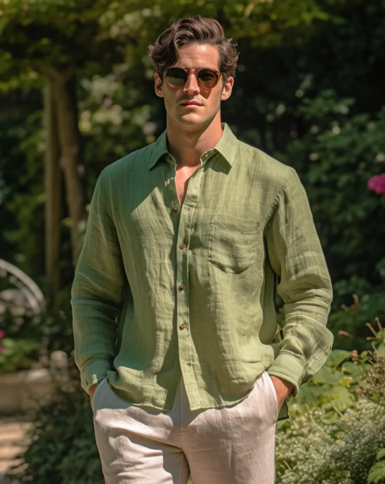 Men's Green Linen Button-Up Shirt – FORREST