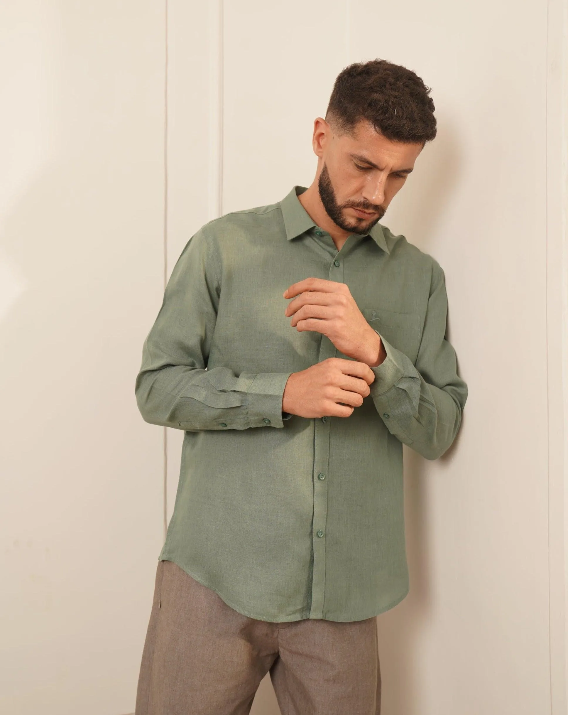 Men's Green Linen Button-Up Shirt – FORREST