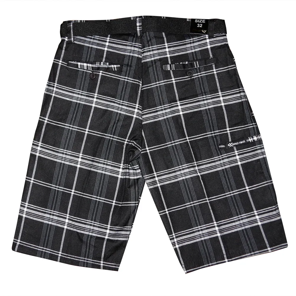 Men's Plaid Shorts Casual Belted 4-Pocket Adjustable Comfort Striped Shorts