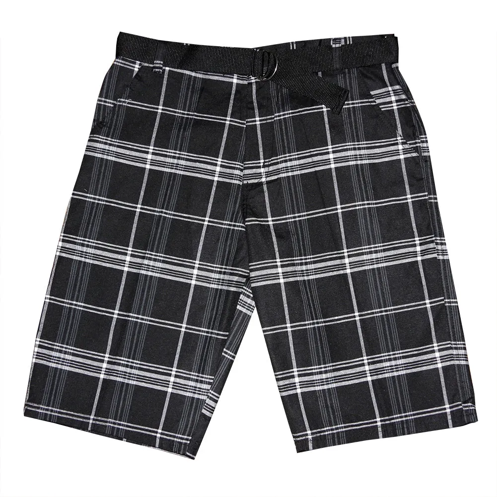 Men's Plaid Shorts Casual Belted 4-Pocket Adjustable Comfort Striped Shorts