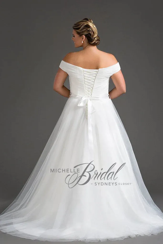 Michelle Bride For Sydney's Closet MB1812 A-Line V-Neck Lace Up Back Off The Shoulder Straps Pleated Plus Size "Gwenyth" Bridal Gown