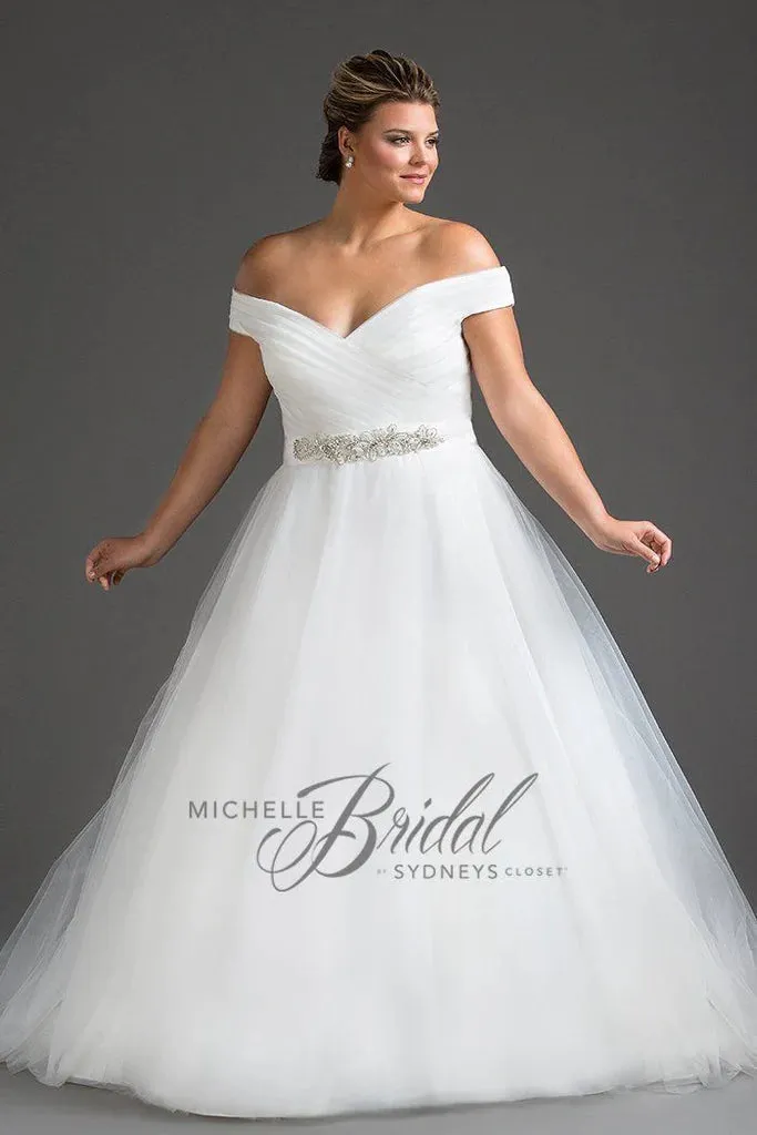 Michelle Bride For Sydney's Closet MB1812 A-Line V-Neck Lace Up Back Off The Shoulder Straps Pleated Plus Size "Gwenyth" Bridal Gown
