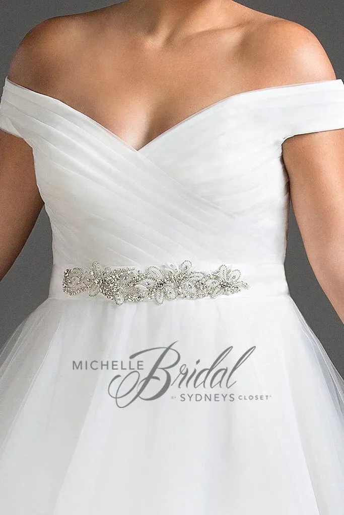 Michelle Bride For Sydney's Closet MB1812 A-Line V-Neck Lace Up Back Off The Shoulder Straps Pleated Plus Size "Gwenyth" Bridal Gown