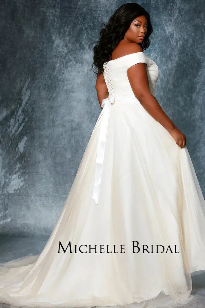 Michelle Bride For Sydney's Closet MB1812 A-Line V-Neck Lace Up Back Off The Shoulder Straps Pleated Plus Size "Gwenyth" Bridal Gown