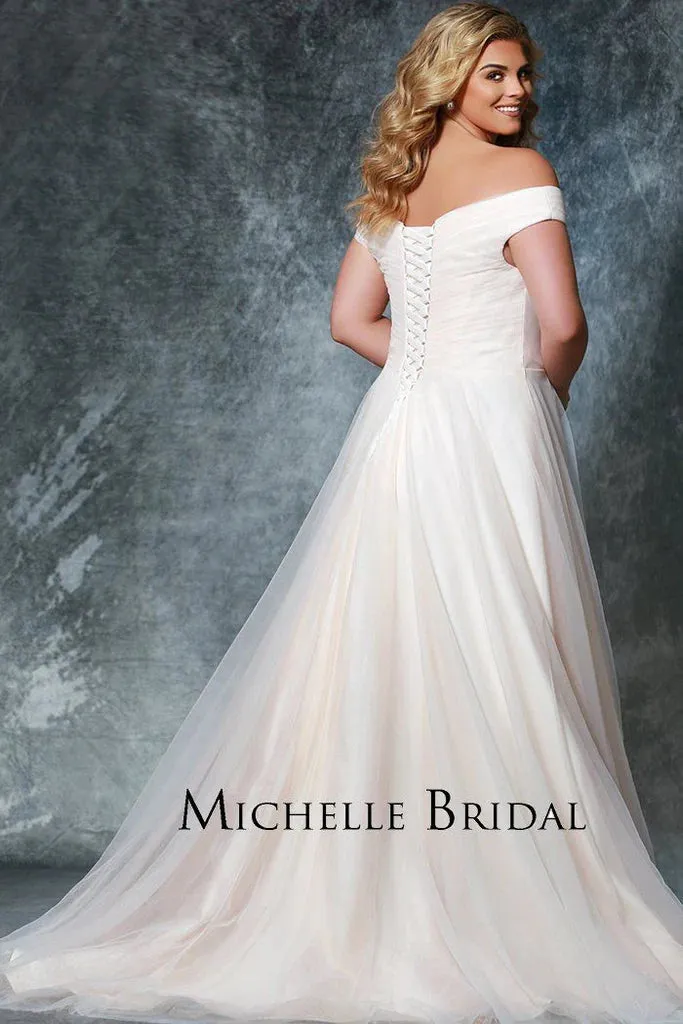 Michelle Bride For Sydney's Closet MB1812 A-Line V-Neck Lace Up Back Off The Shoulder Straps Pleated Plus Size "Gwenyth" Bridal Gown