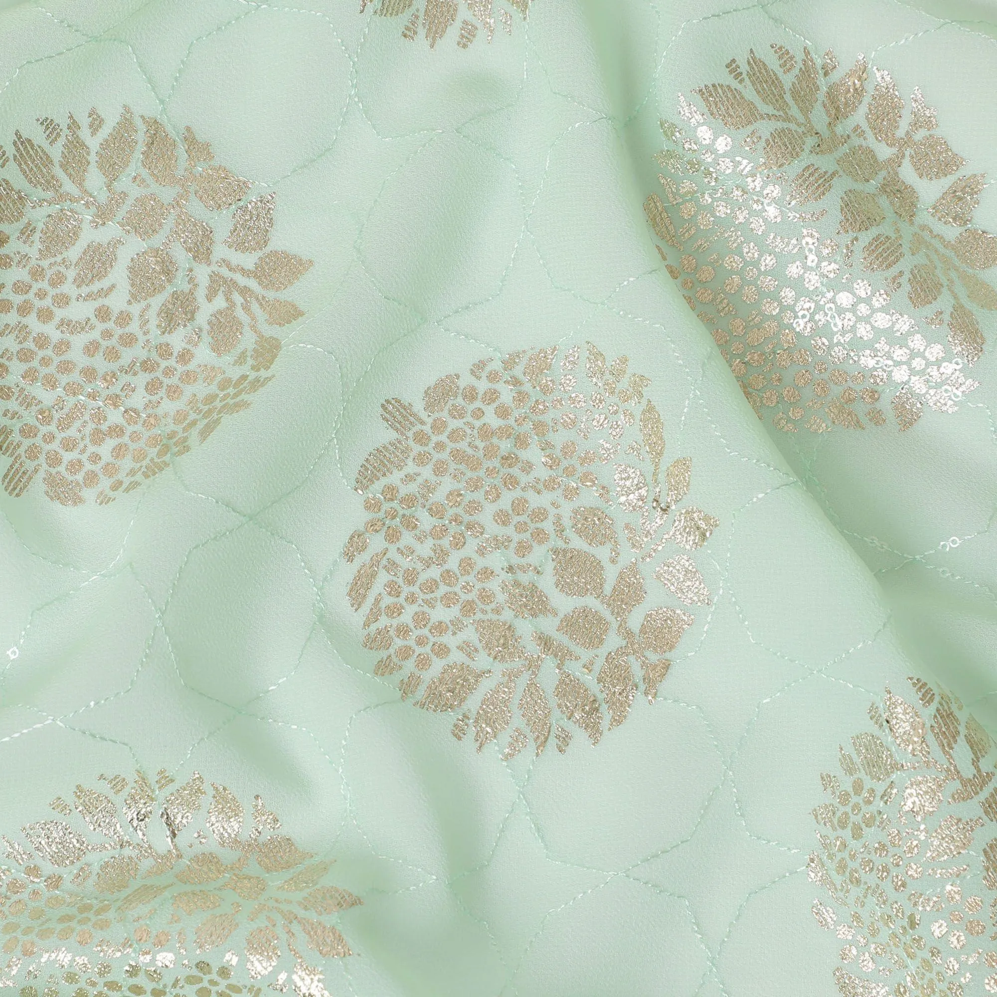 Mint green synthetic georgette fabric with same tone embroidery having gold foil printed in floral design-D12228