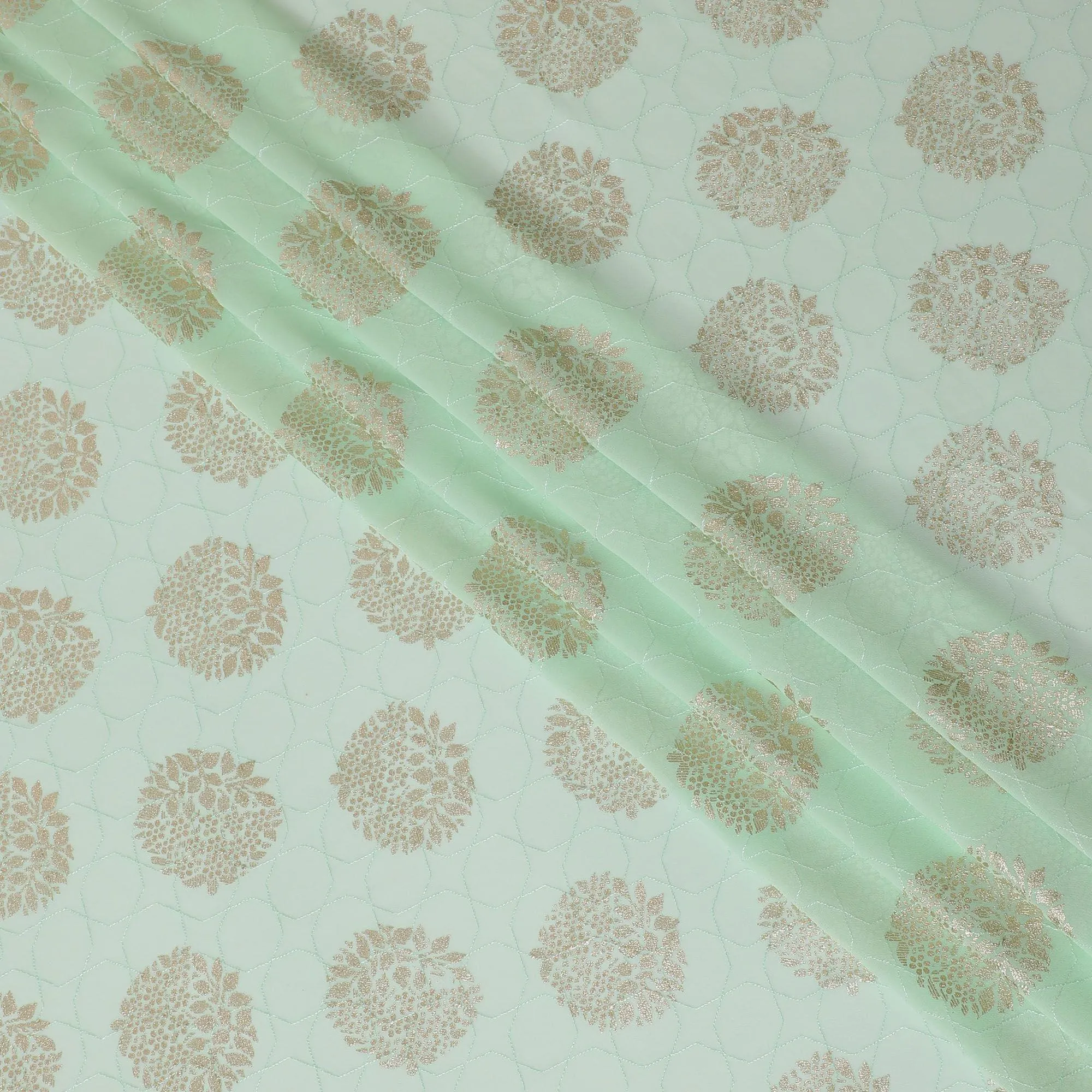 Mint green synthetic georgette fabric with same tone embroidery having gold foil printed in floral design-D12228