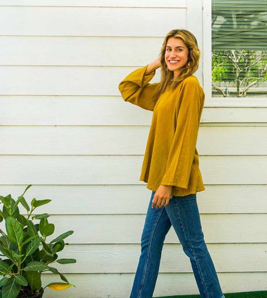 Mustard Yellow Cotton Gauze Long Sleeve Blouse with Pocket