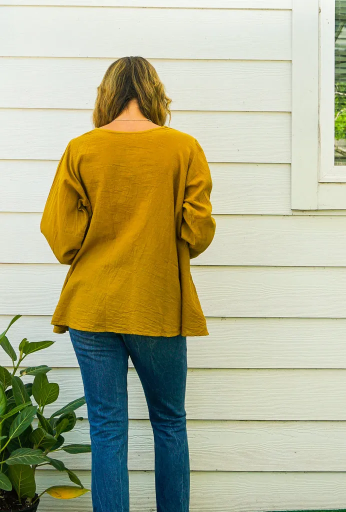 Mustard Yellow Cotton Gauze Long Sleeve Blouse with Pocket