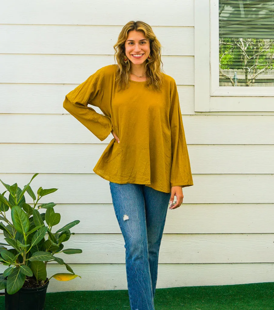 Mustard Yellow Cotton Gauze Long Sleeve Blouse with Pocket