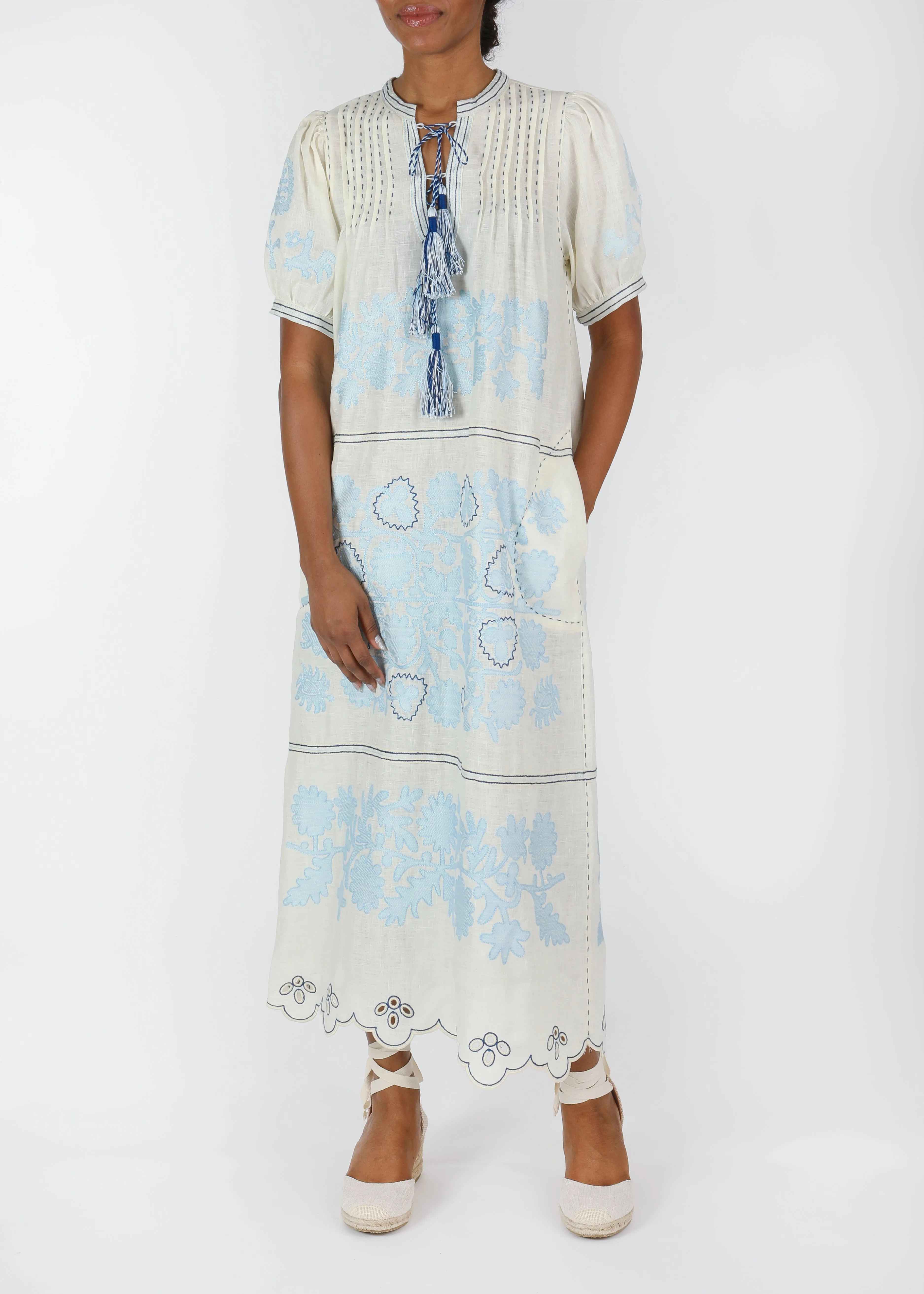 Natalia Ukrainian Embroidered Dress - White, Light Blue, Navy