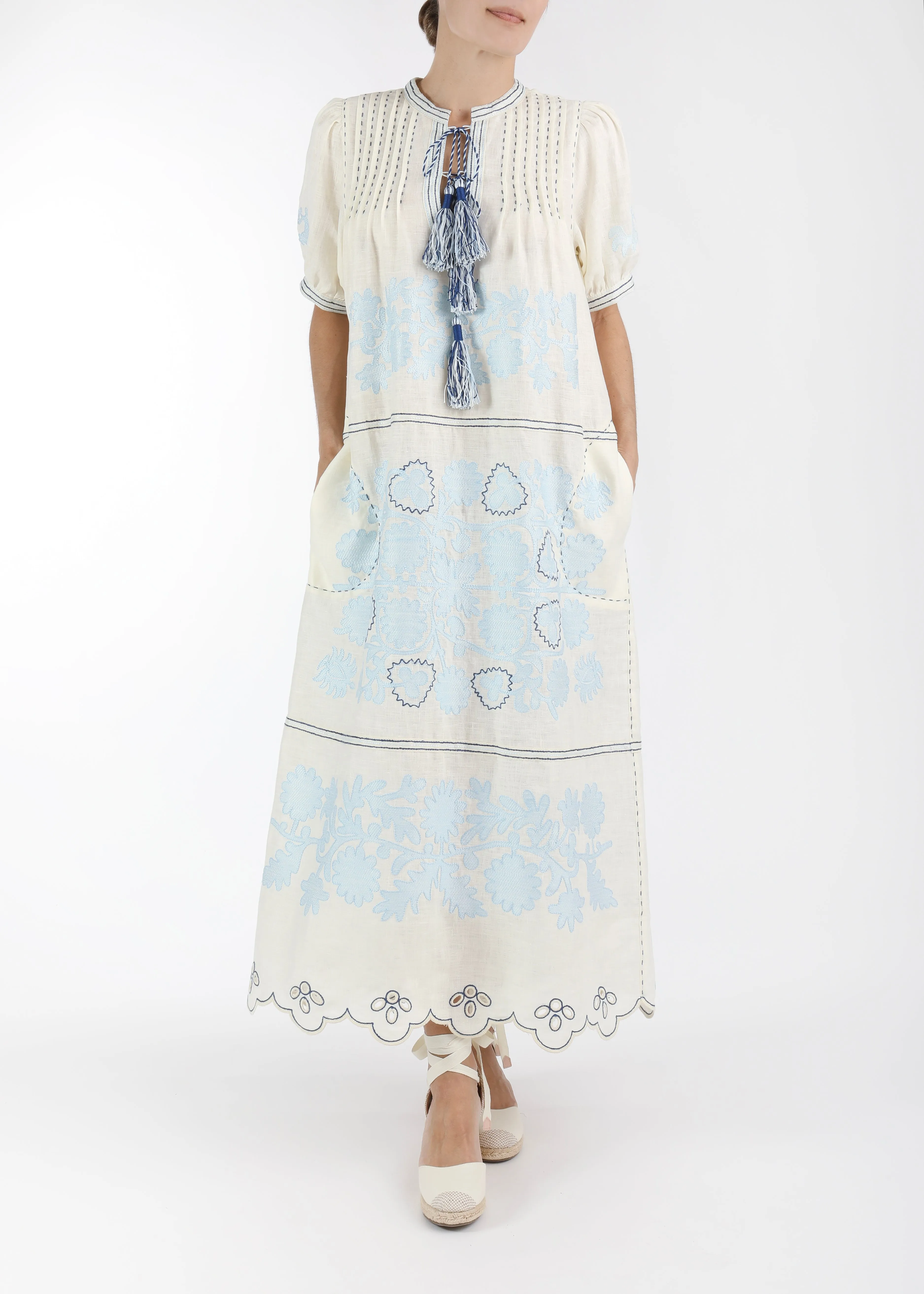 Natalia Ukrainian Embroidered Dress - White, Light Blue, Navy