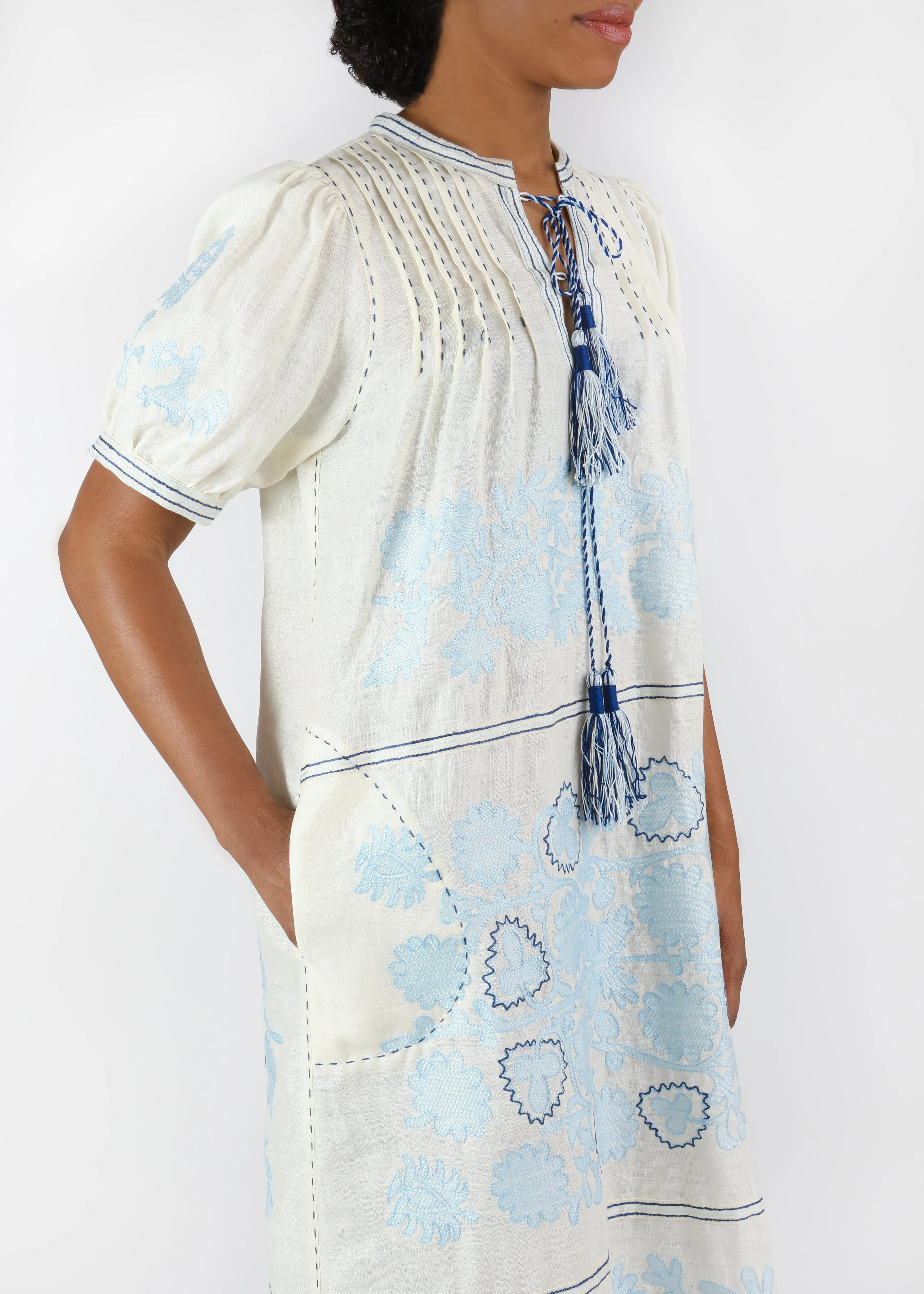 Natalia Ukrainian Embroidered Dress - White, Light Blue, Navy