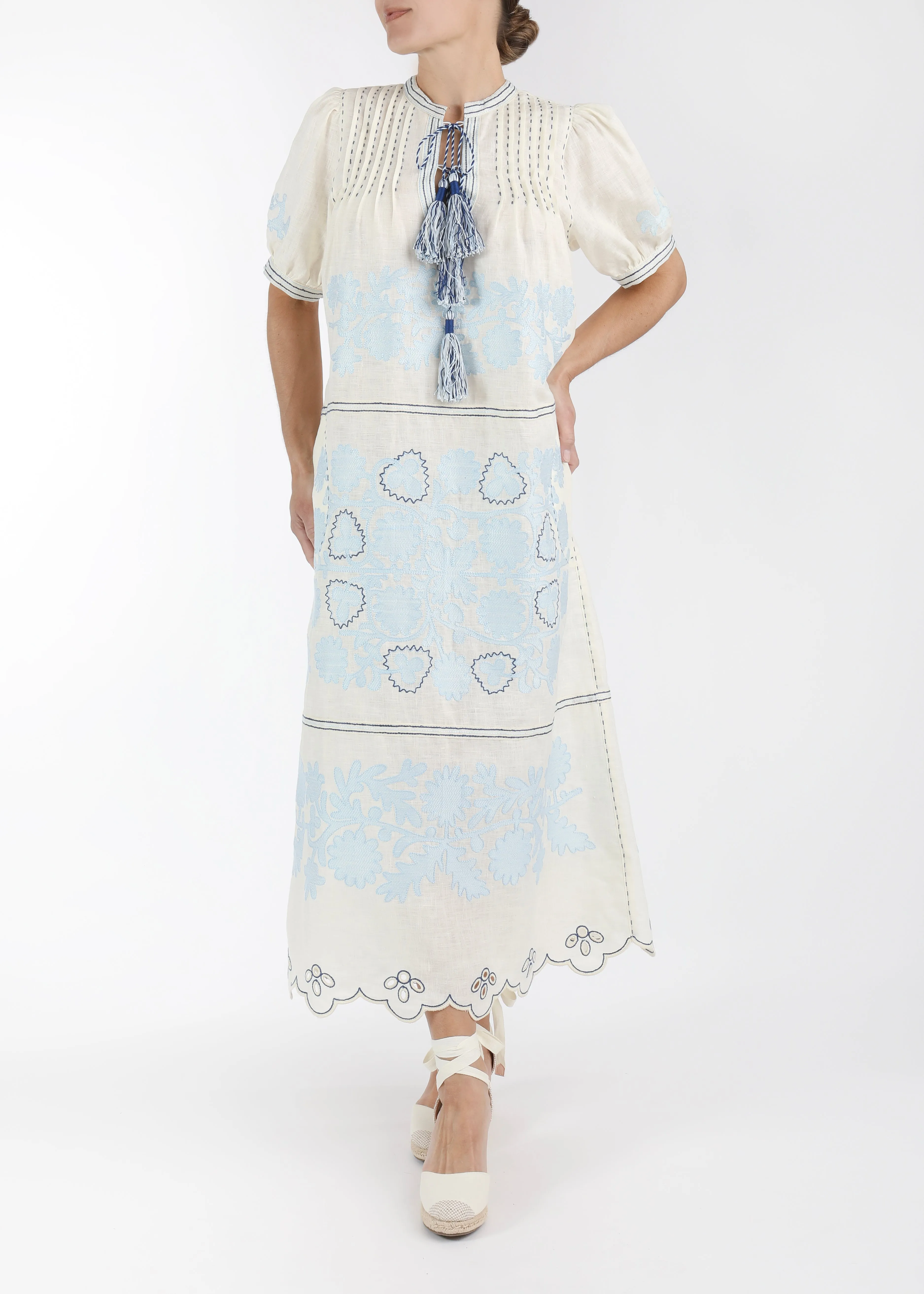 Natalia Ukrainian Embroidered Dress - White, Light Blue, Navy