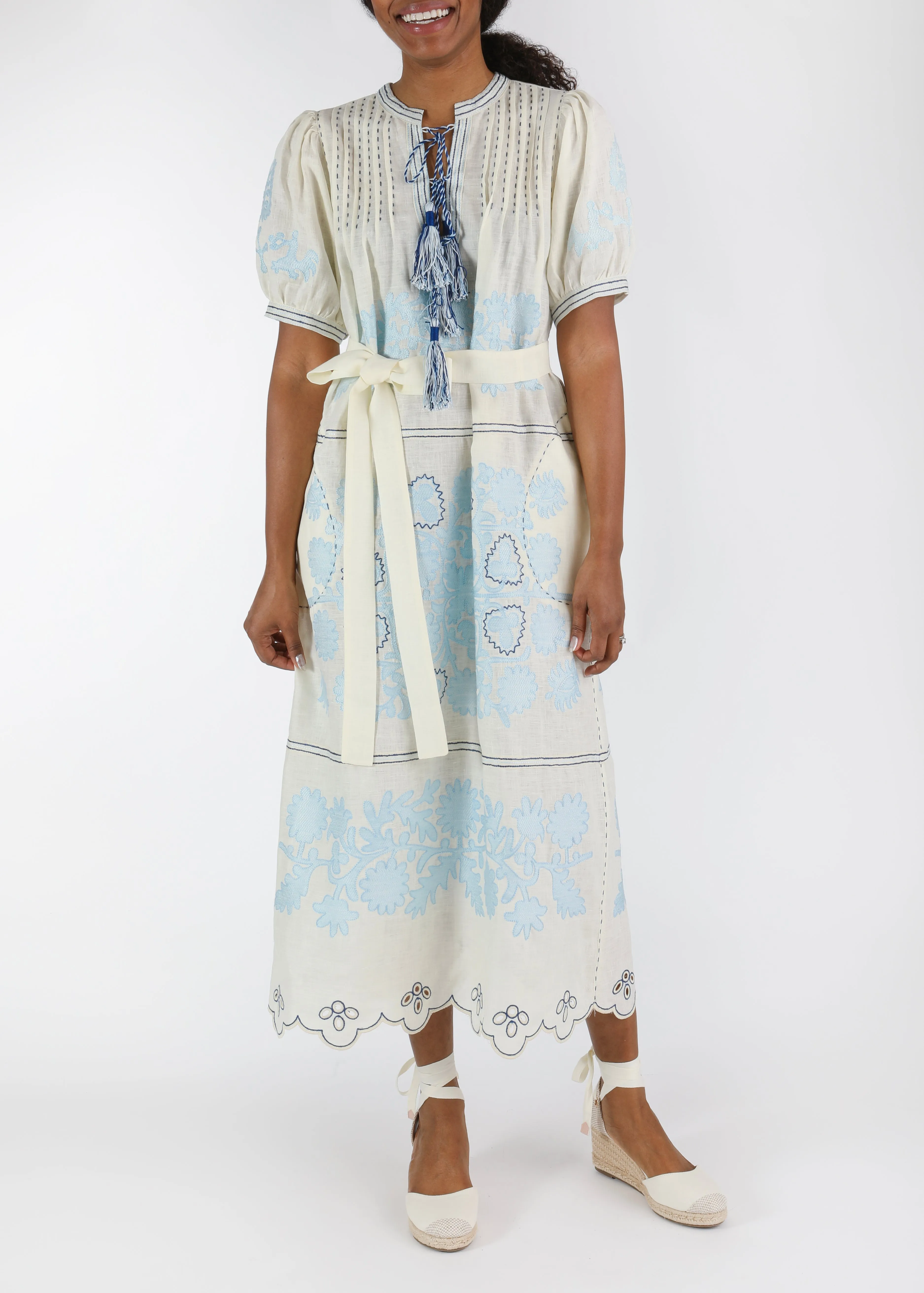 Natalia Ukrainian Embroidered Dress - White, Light Blue, Navy