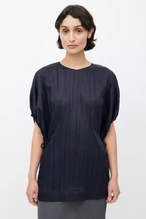 Navy Crinkled Drawstring Blouse