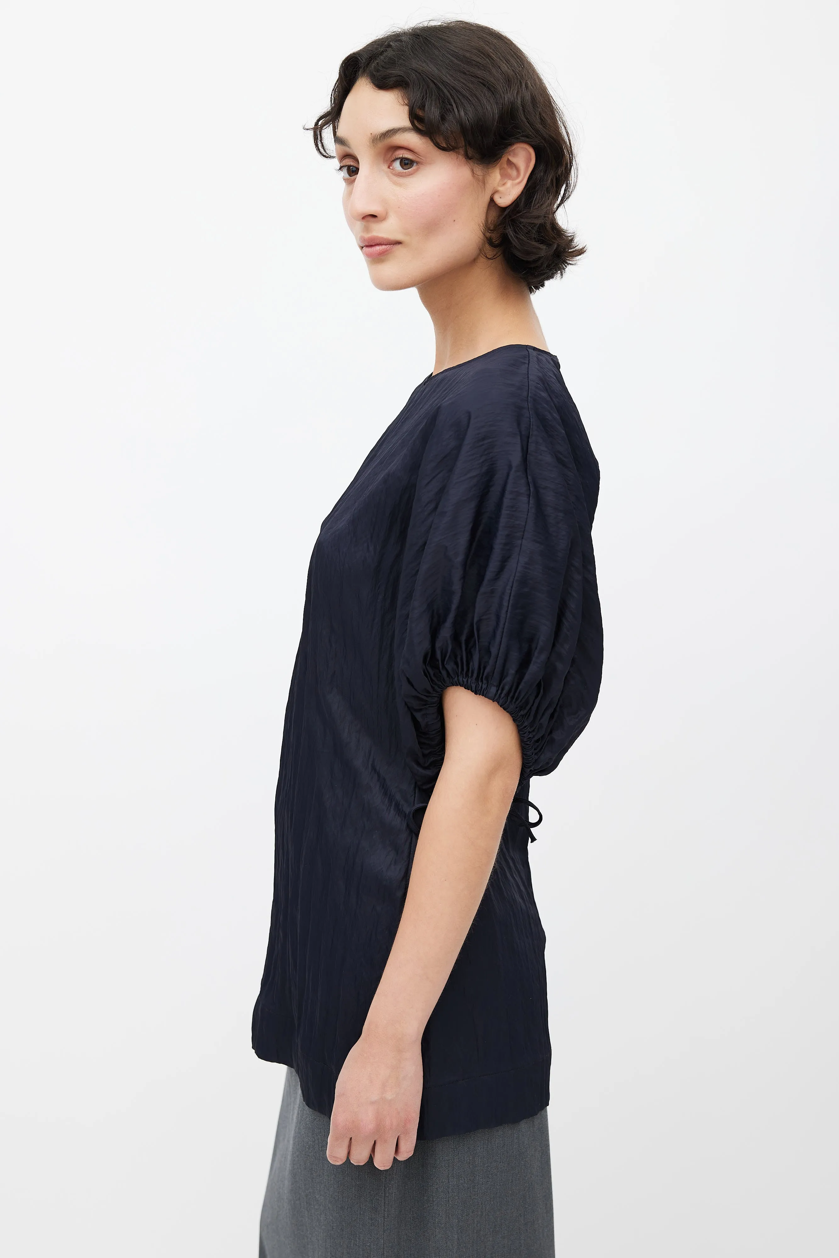Navy Crinkled Drawstring Blouse