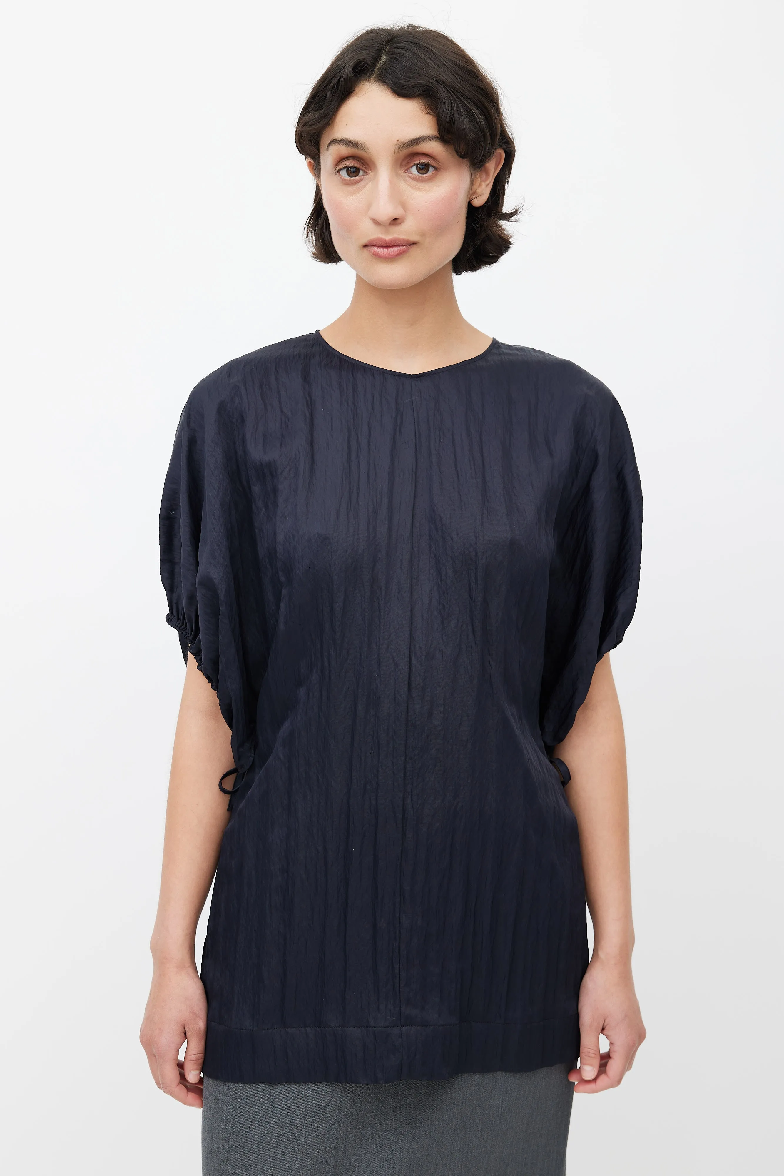 Navy Crinkled Drawstring Blouse