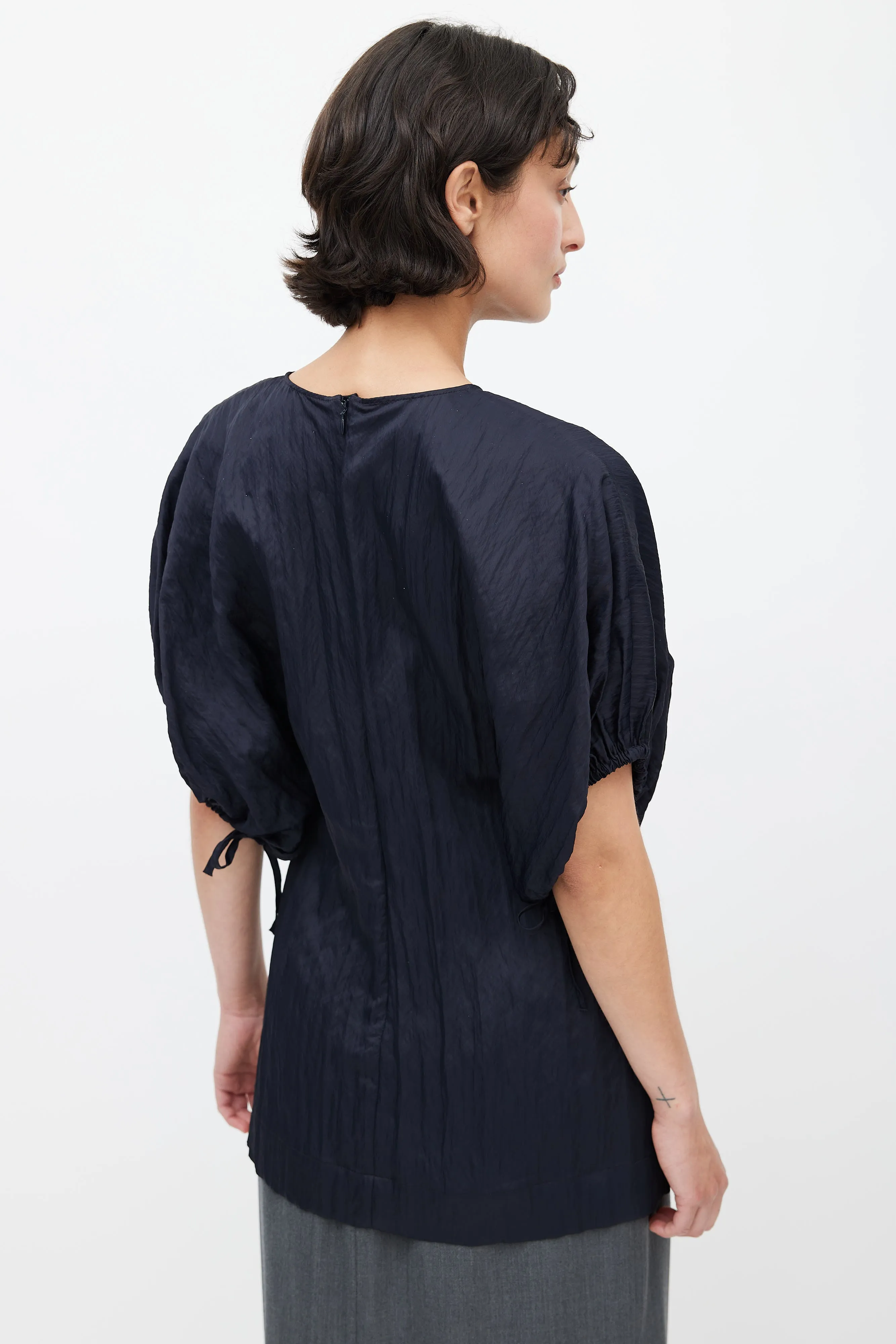 Navy Crinkled Drawstring Blouse