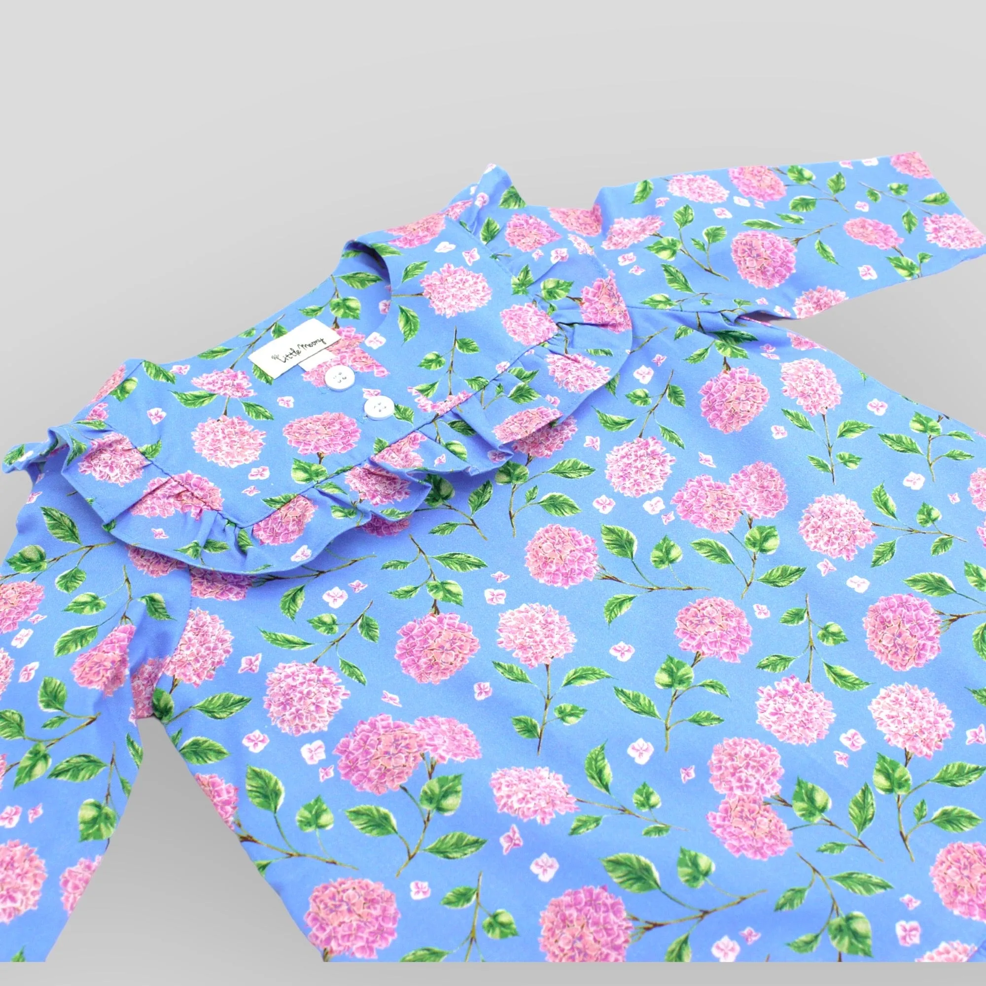 OEKO-TEX Certified Cotton Ruffle Dress in Blue/Lilac Floral for Babies and Kids