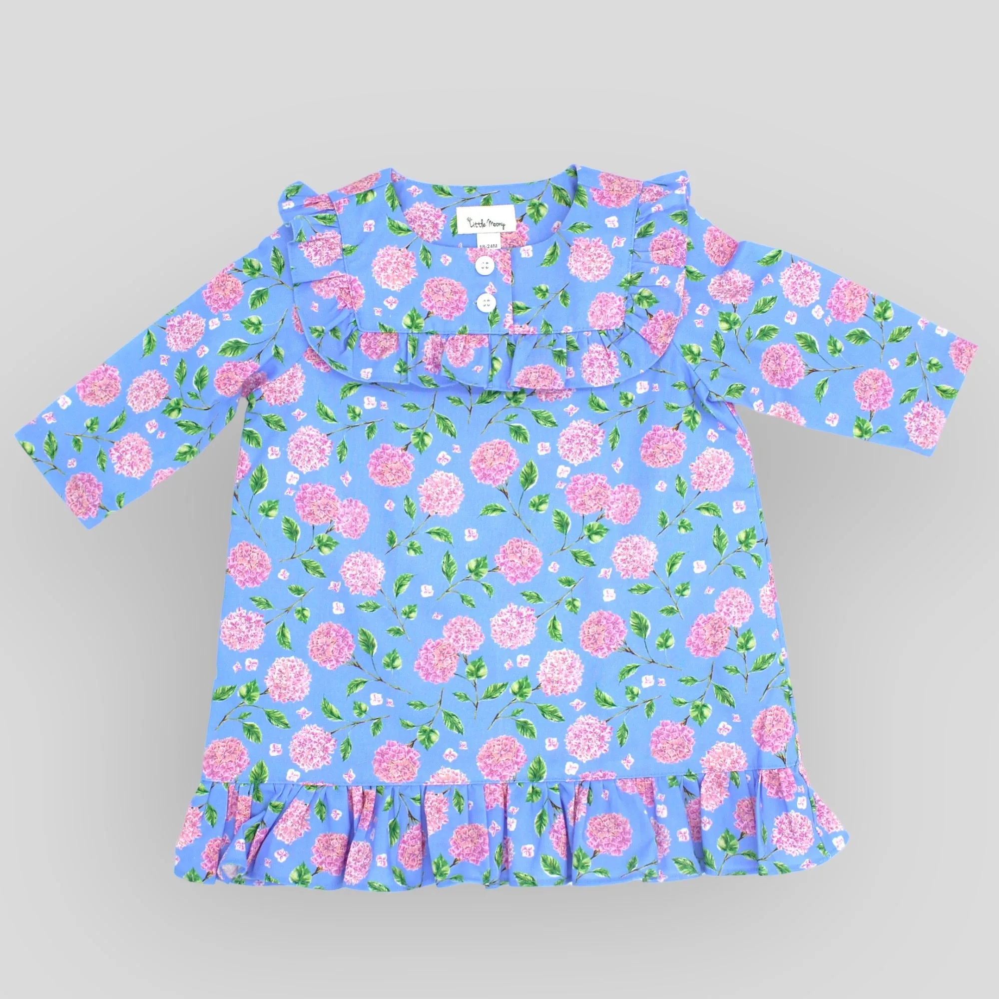 OEKO-TEX Certified Cotton Ruffle Dress in Blue/Lilac Floral for Babies and Kids