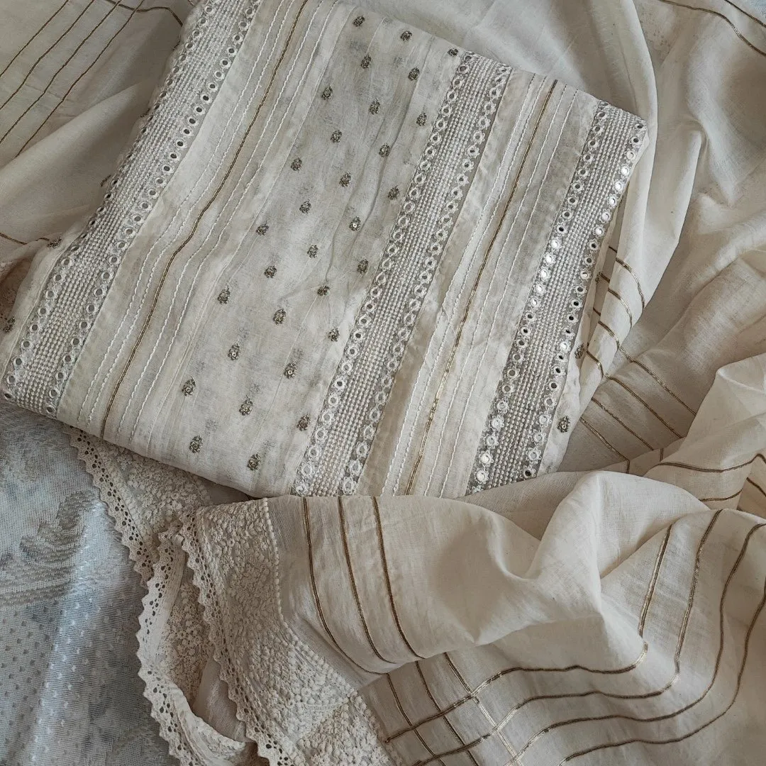Off white Embroidered cotton dress material