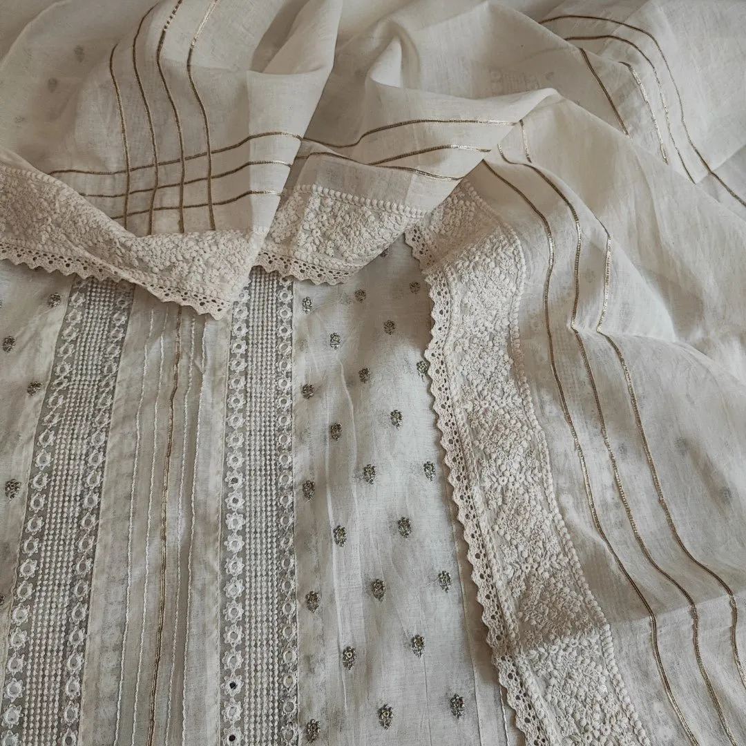Off white Embroidered cotton dress material