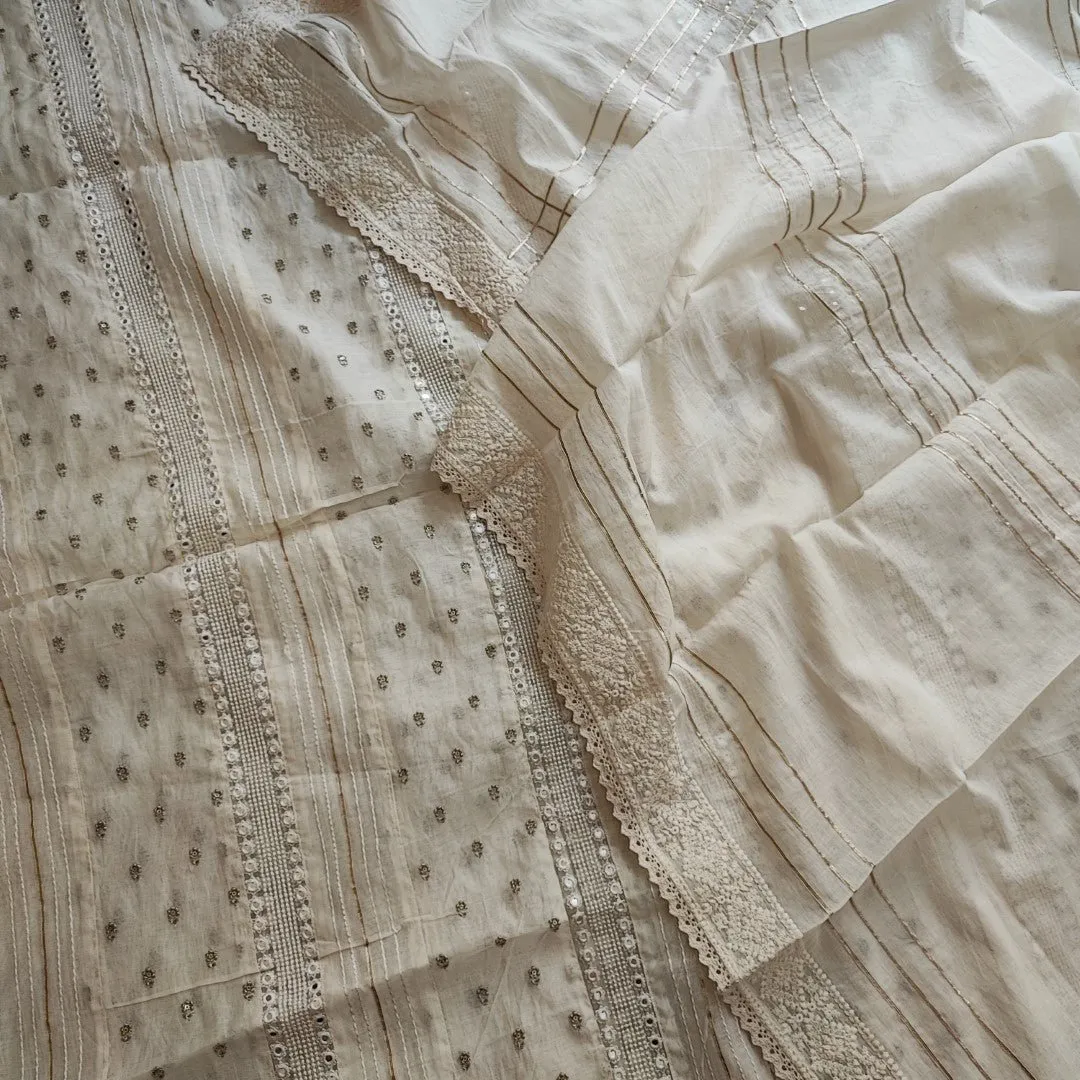 Off white Embroidered cotton dress material
