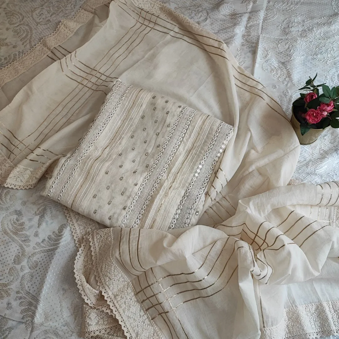 Off white Embroidered cotton dress material