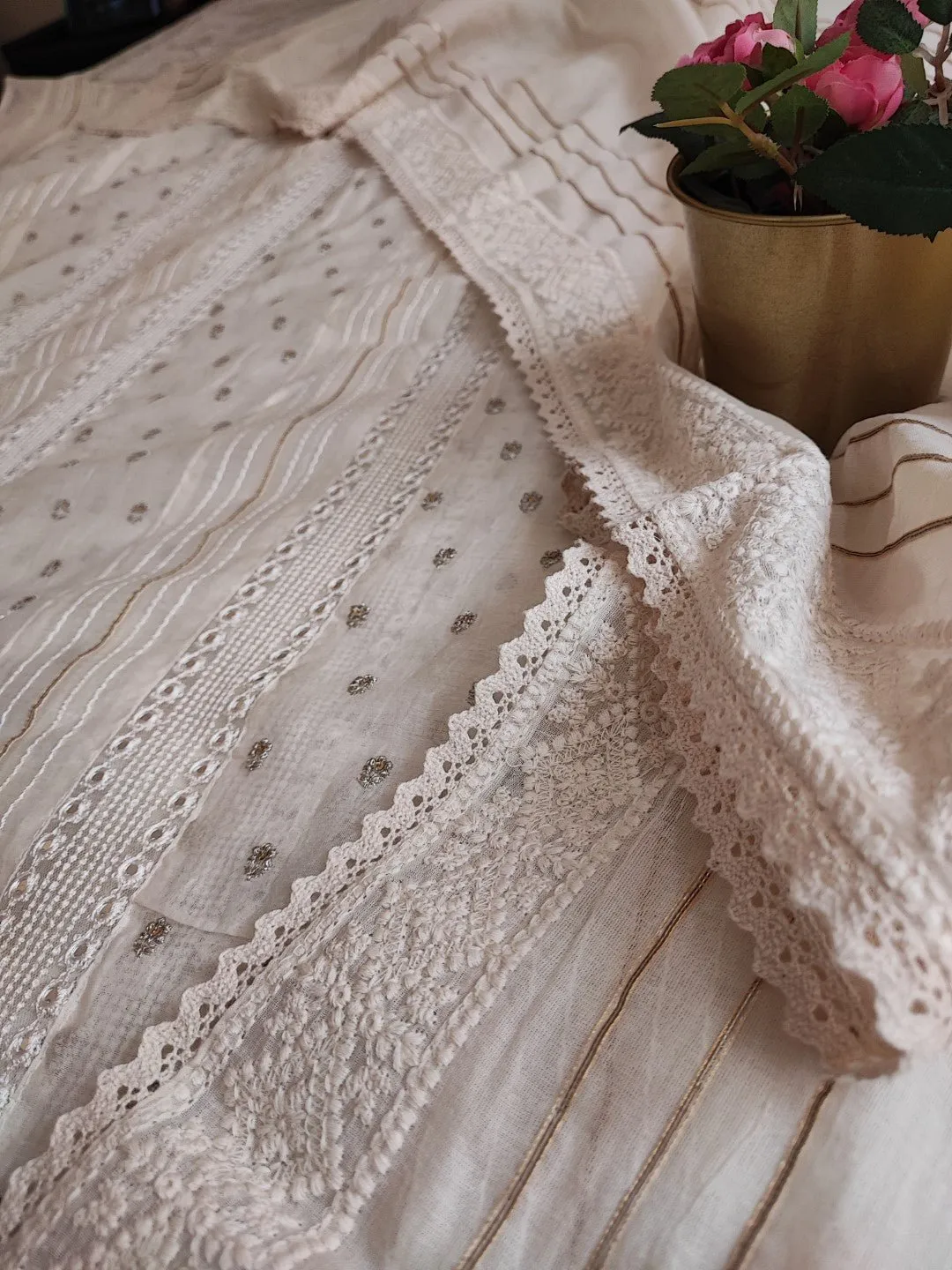Off white Embroidered cotton dress material