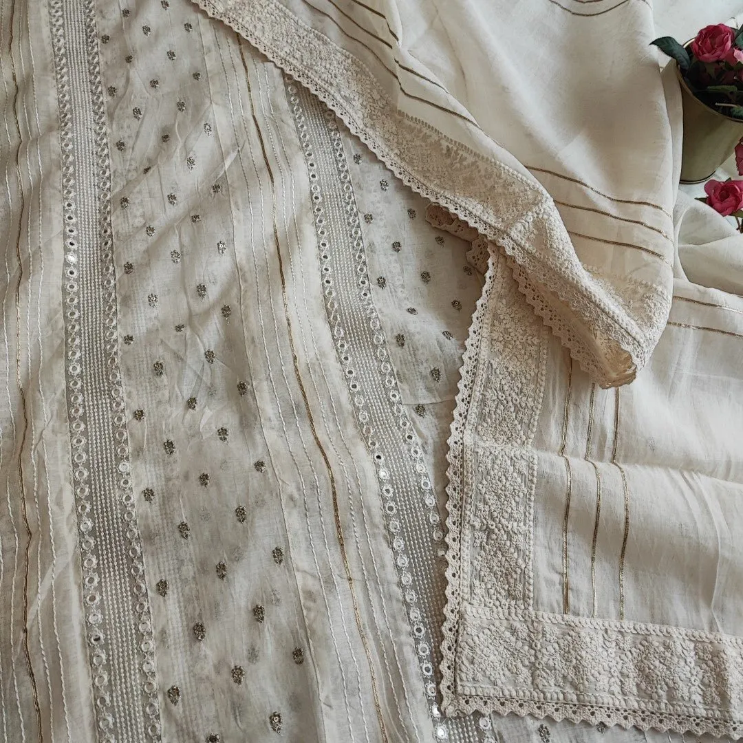 Off white Embroidered cotton dress material