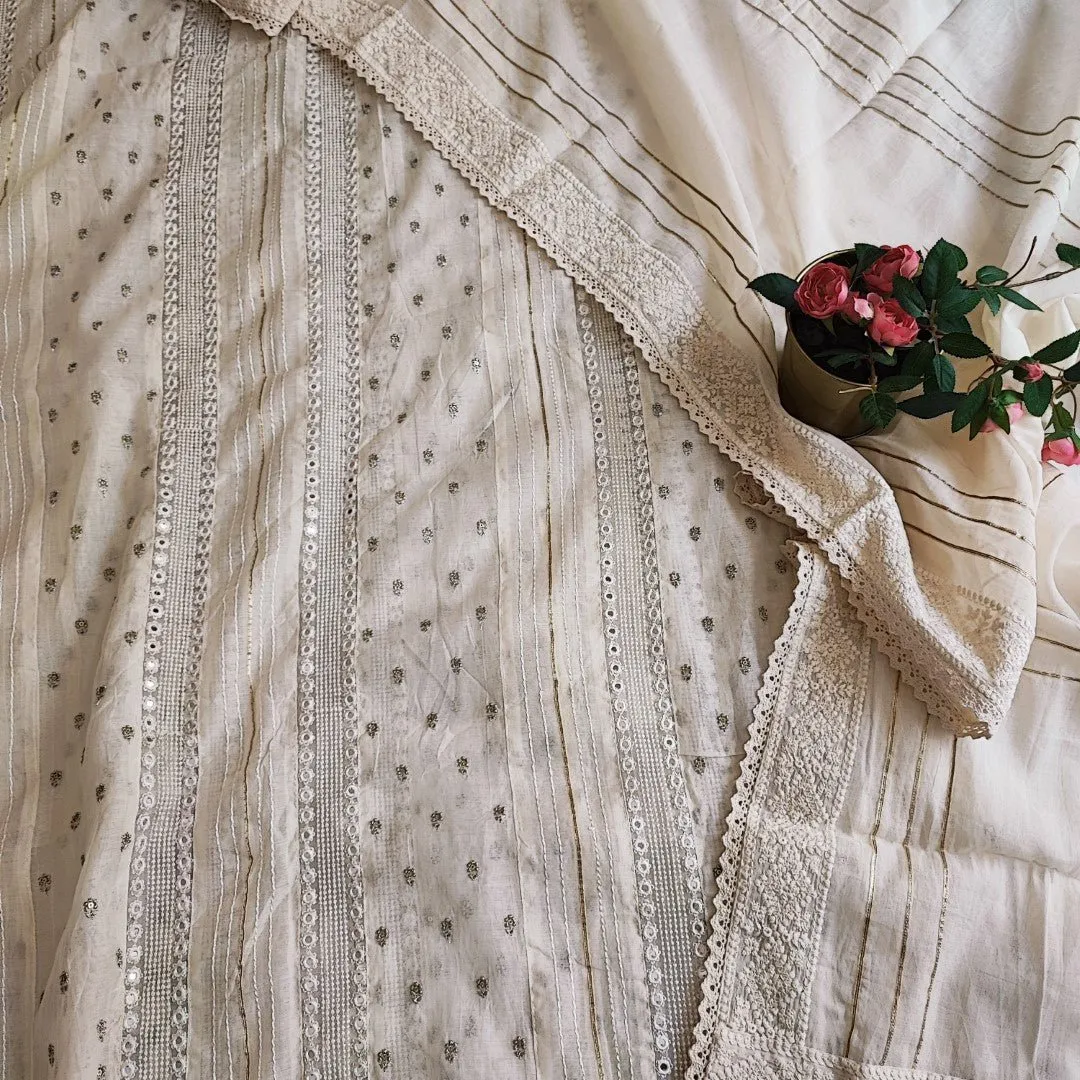 Off white Embroidered cotton dress material