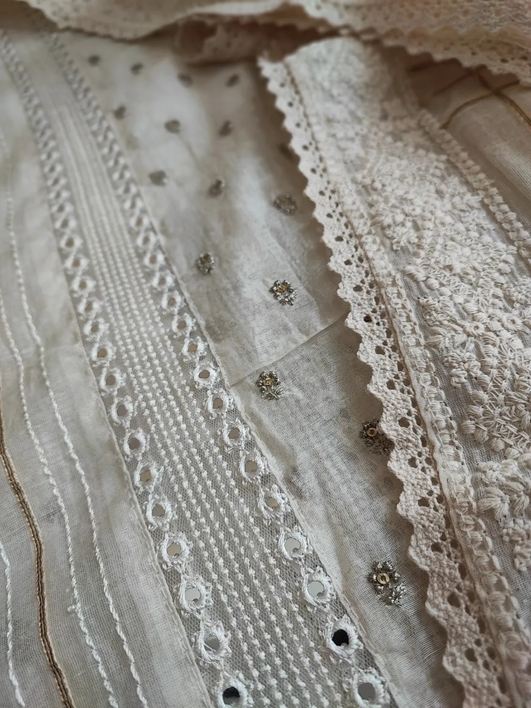 Off white Embroidered cotton dress material