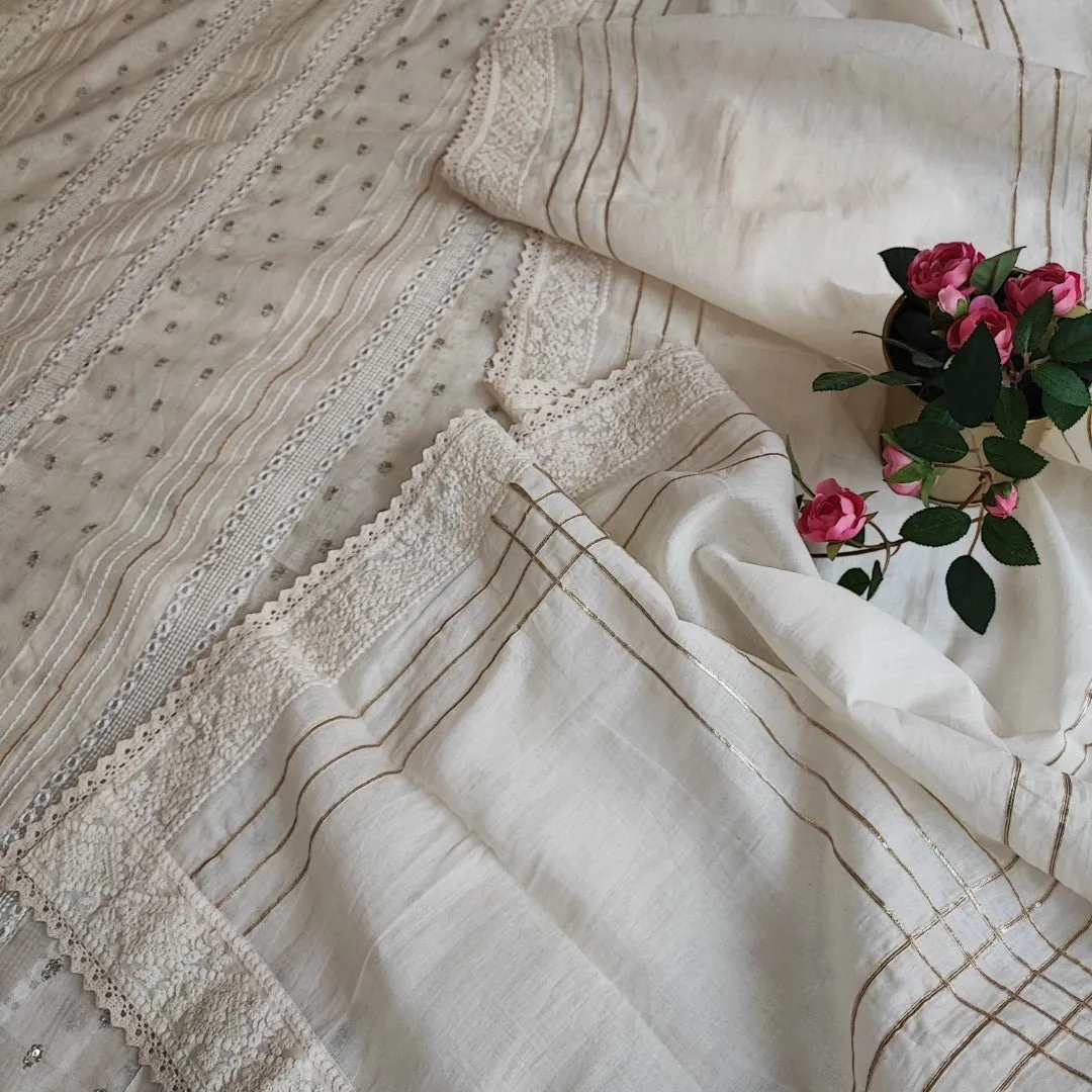 Off white Embroidered cotton dress material