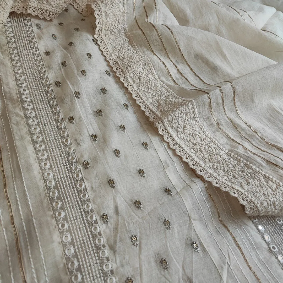 Off white Embroidered cotton dress material