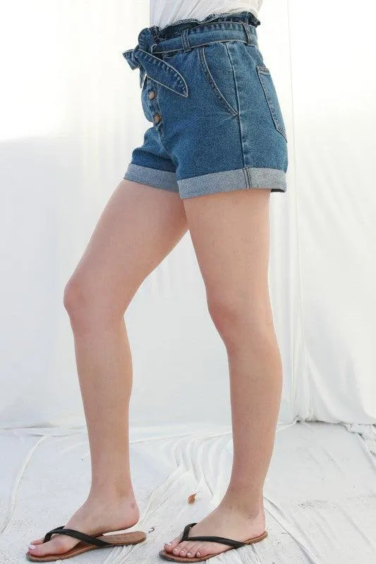 Paper Bag Waist Belted Denim Shorts