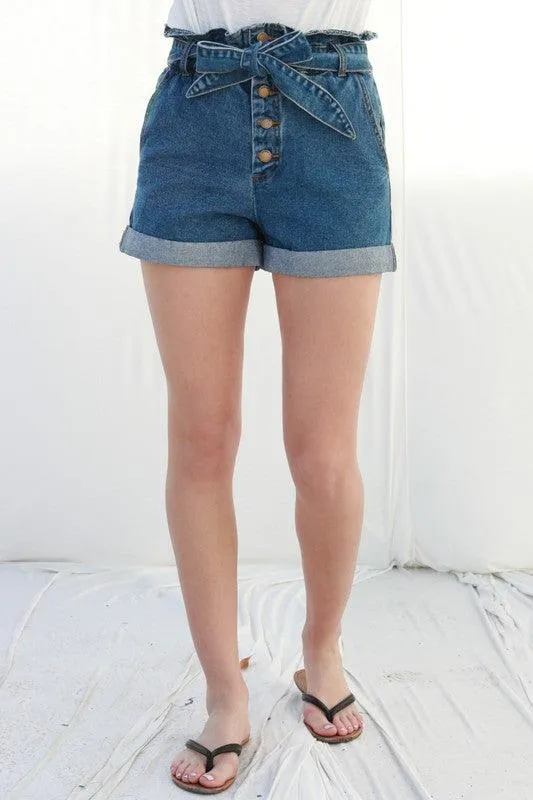 Paper Bag Waist Belted Denim Shorts